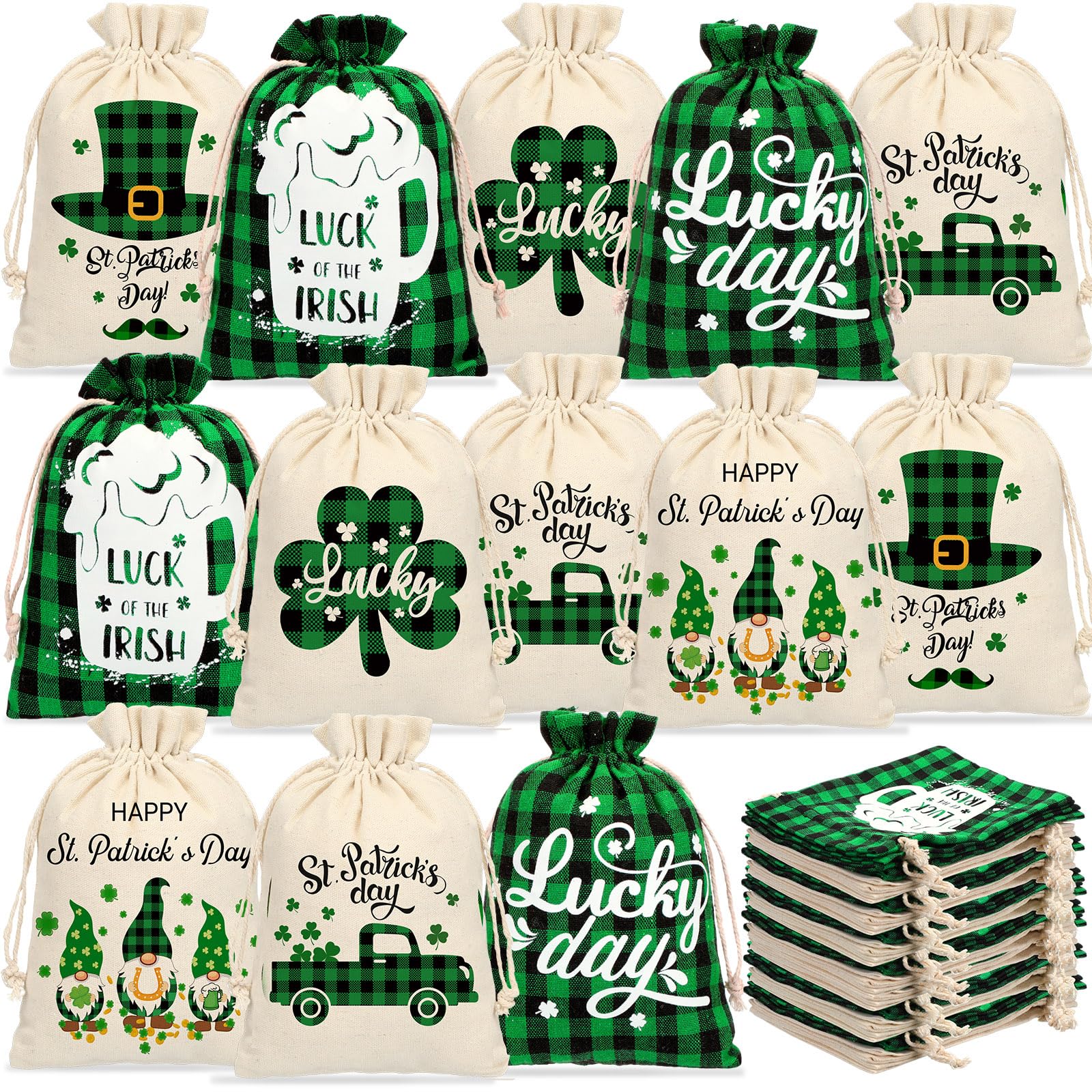 24 Pcs St Patrick's Day Gift Bag with Drawstring Shamrock Cotton Treat Bags Candy Pouch Sacks Irish Party Favor Bag Green Plaid Pouch Bag for Saint Patrick's Day Irish Party Supplies (5 x 7 Inch)