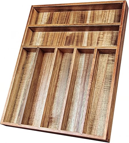 Organizador de cubiertos de madera de acacia, organizador de cajones de utensilios de cocina para tenedores y cucharas, bandeja de cubiertos de 7