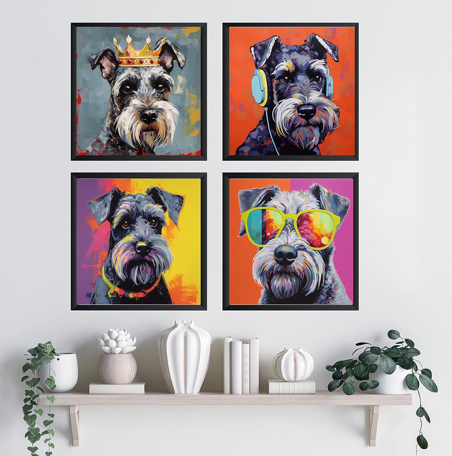 Schnauzer Dog Art Print Poster, Wall art Painting Decor, Puppy Pop Art Home Decor Artwork For Bedroom Living Room Bathroom Decor, Puppies Colorful Photo (Schnauzer (Set of 4), 16x16 inches (Unframed))