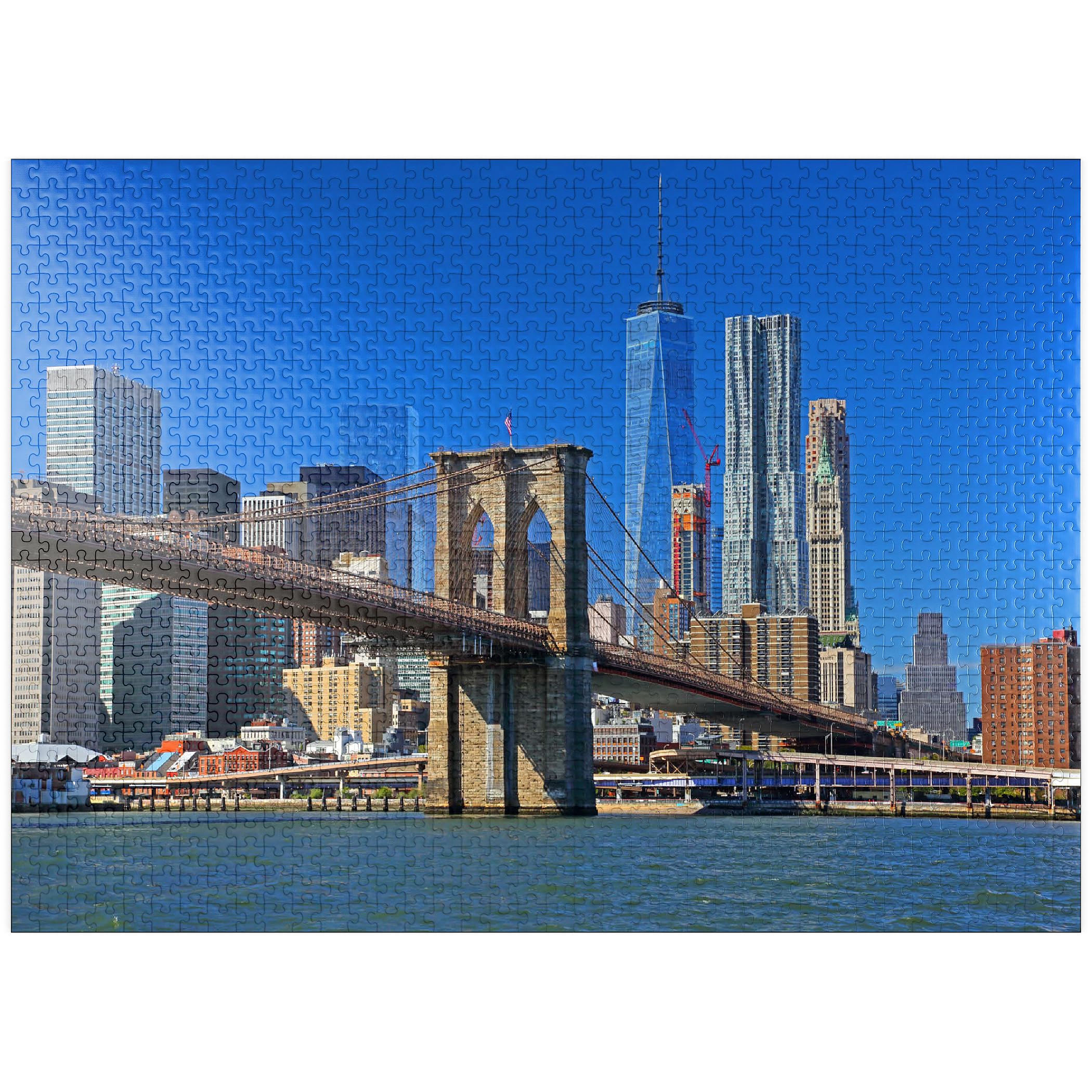 MyPuzzle View to Brooklyn Bridge with One World Trade Center, Manhattan, New York City, USA with Blue Sky – Puzzle de qualité supérieure de 1000 pièces pour adultes