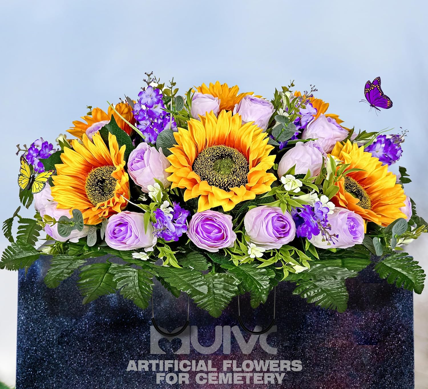 MUVIC Artificial Cemetery Flowers Saddle - Memorial Flowers Bouquet - Outdoor Grave Decorations,Sympathy Flower - Rose Sunflower Hyacinth