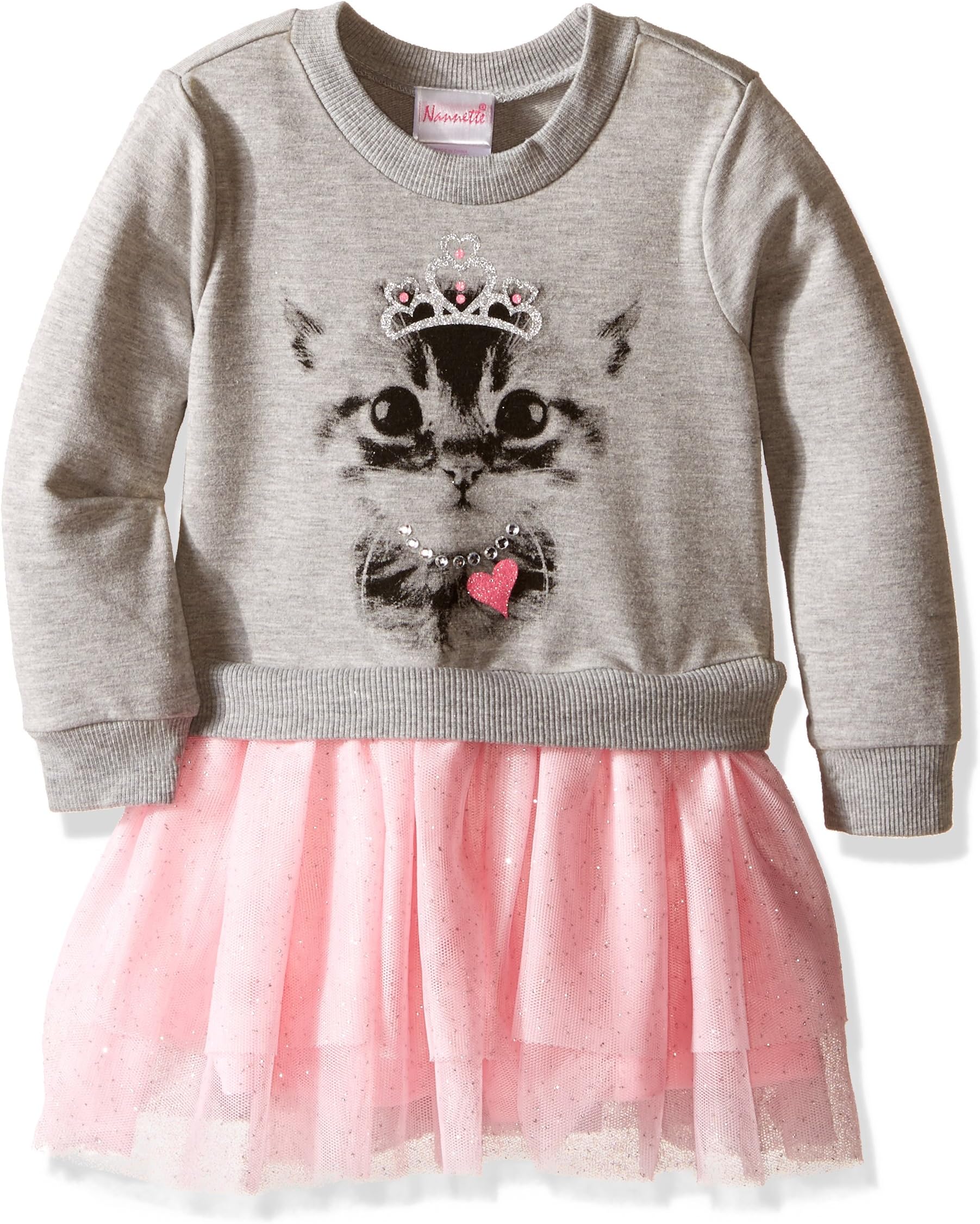 Nannette Girls' Long Sleeve Sweatshirt Dress with Princess Kitten Screen and Tutu Skirt