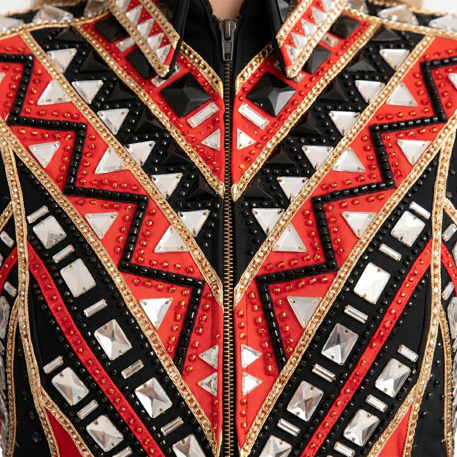 Women’s Western Show Jacket Black & Red – Equestrian Riding Coat with Geometric Crystal Design