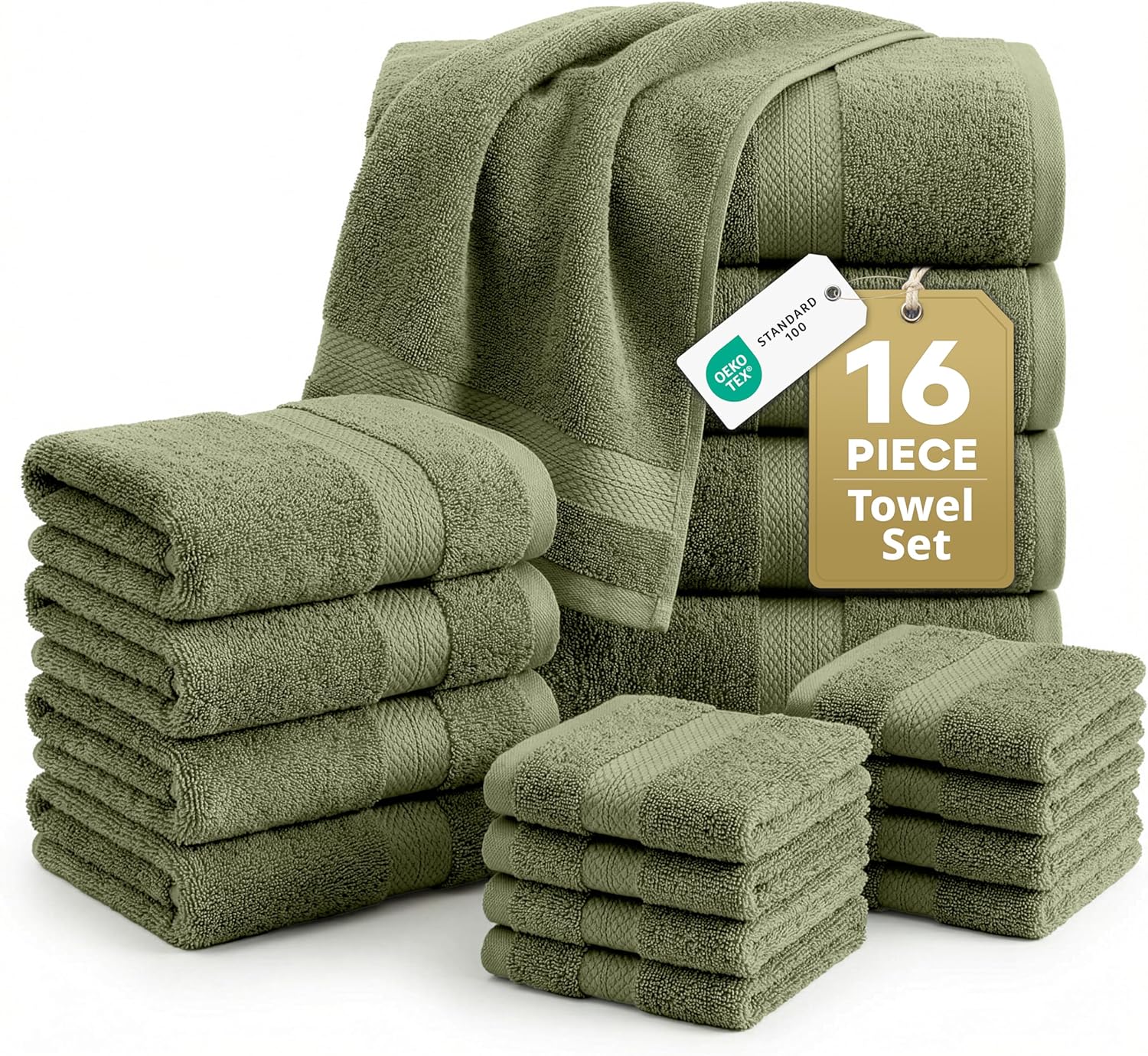 LANE LINEN Luxury Cotton Bath Towel Pack of 16 - Softer, Highly Absorbent & Durable - 4 Bath, 8 Wash cloths, 4 Hand Towels for Bathroom - Premium Look, Spa Quality, Solid Dyed Towels - Oil Green