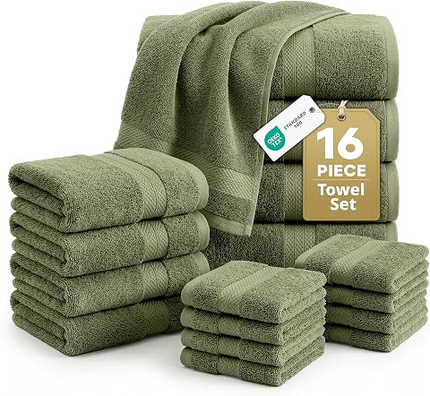 LANE LINEN Large Bath Towel Set Absorbent Quick Dry 100% Cotton - Oil Green | Soft Cotton Towels - Fade-Resistant Color, Classic Terry Weave, Densely Woven & Durable, Easy-Care, Coordinated Colors