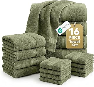 Lane Linen 16 PC Bath Towels Set - Towels for Bathroom, 100% Cotton Towel Set, Luxury Bath Towels, Highly Absorbent Shower Towel, 4 Bathroom, 4 Hand, 8 Wash Cloths - Oil Green