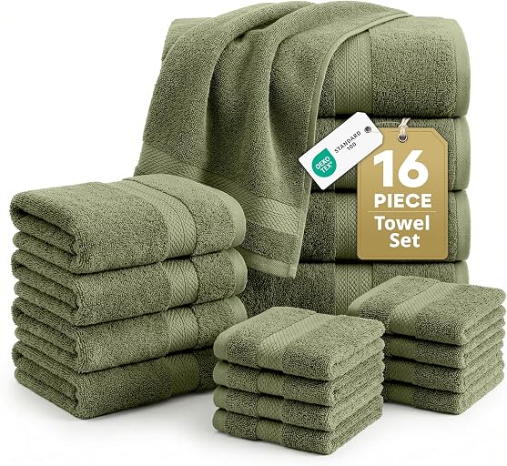 LANE LINEN Large Bath Towel Set Absorbent Quick Dry 100% Cotton - Oil Green | Cotton Bath Towels, Soft & Durable, Ring-Spun, Ideal for the Home & Spa, with OEKO-TEX