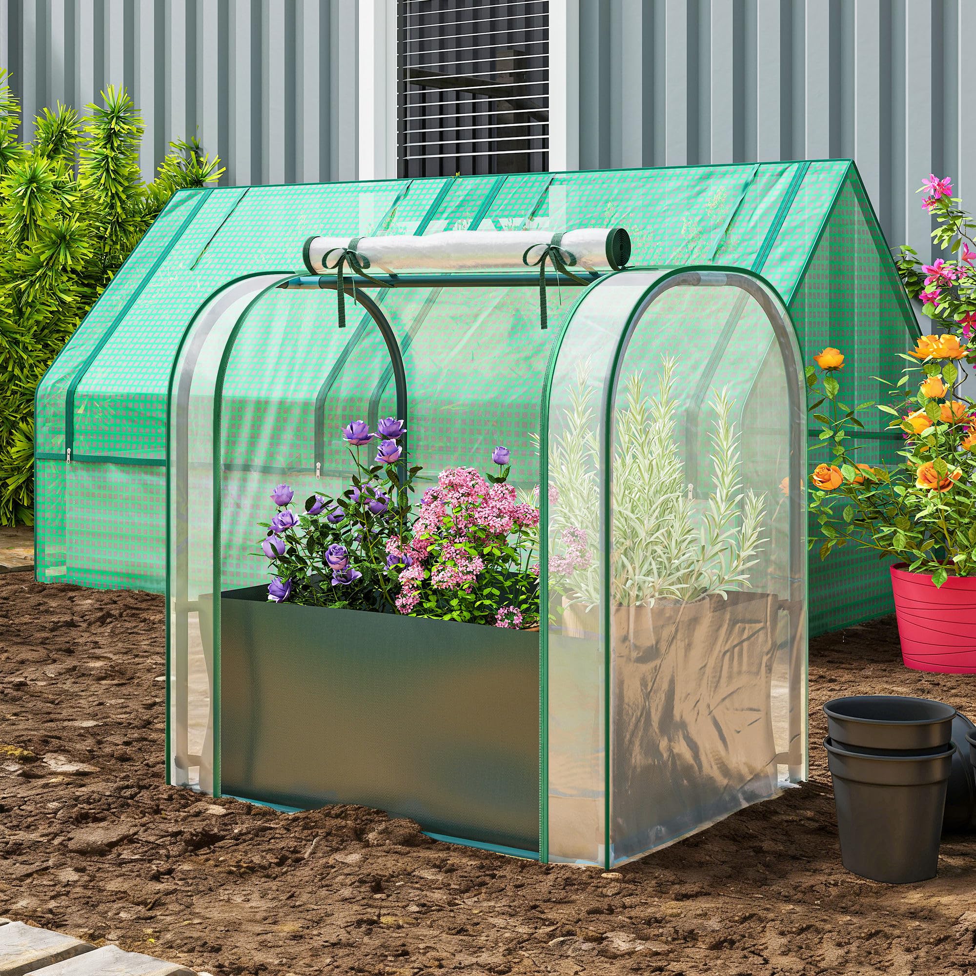 Outsunny Mini Serra da Giardino con Borsa per la Coltivazione, Serra per Orto con Porta Avvolgibile,Struttura in Acciaio, Copertura in Plastica, per Orto Verdure Fiori Piante, Verde Scuro