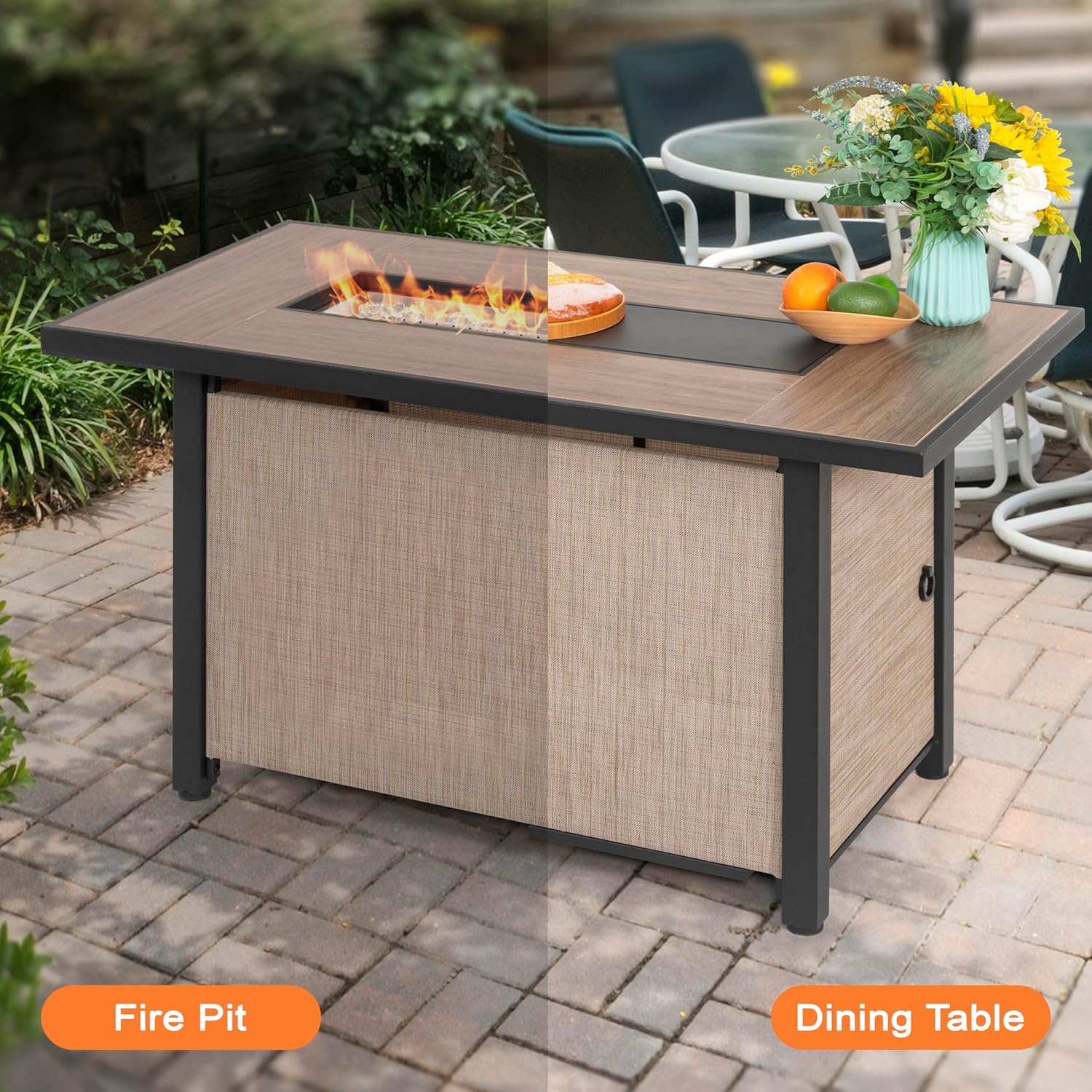 Nuu Garden 43” Propane Fire Pit, CSA-Listed Outdoor Fire Pit Table, 50,000 BTU Gas Fire Pit with Lid and Glass Beads, 2-in-1 Rectangular Fire Pit for Outside Backyard Patio, Light Brown