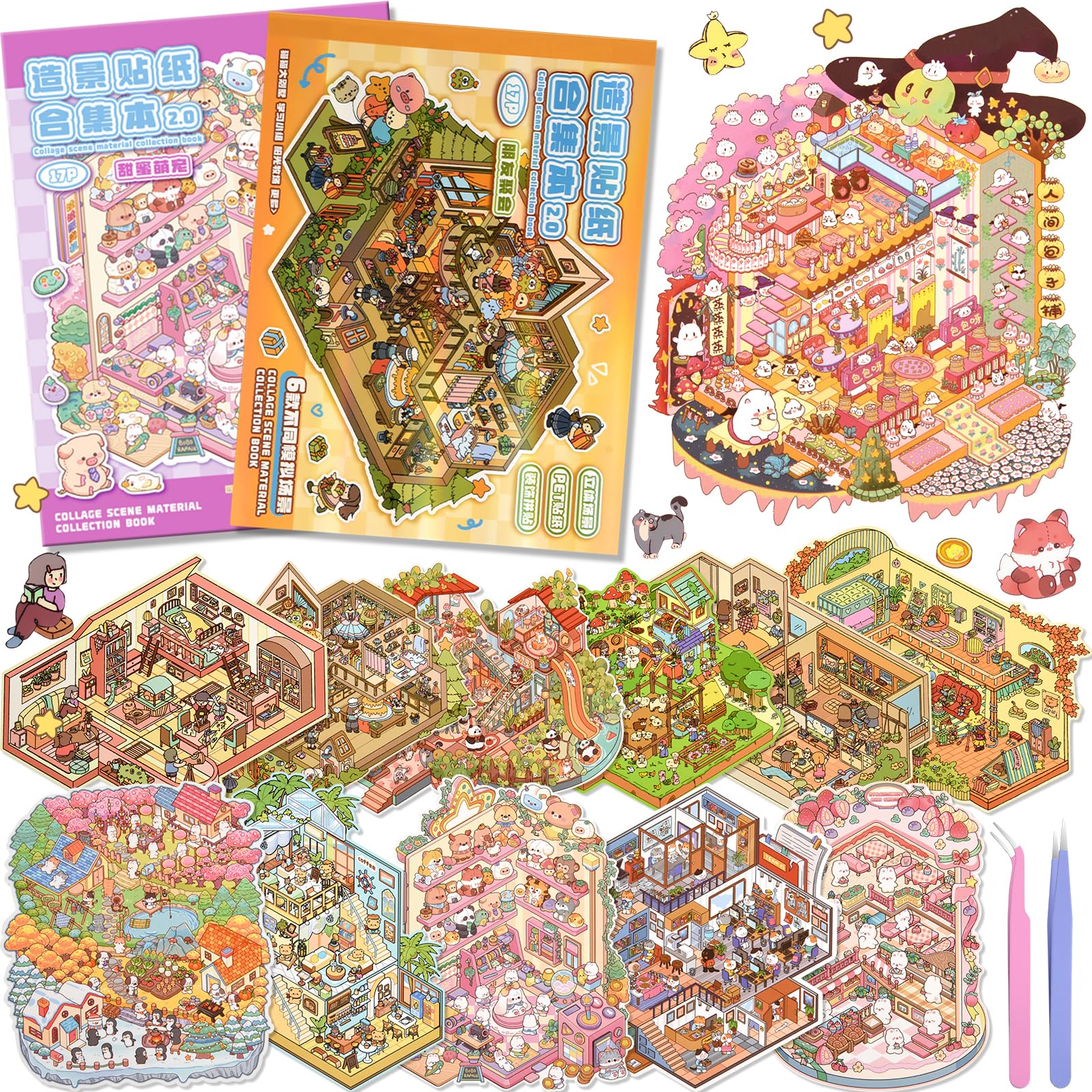 ASTARON 12 Sets DIY 3D Sticker Scene Book Sticker Therapy for Adults, Make Your Own Mini Cozy Shop House Room Stickers Cute Cartoon Miniature Stickers for Girls, Relief Stress Pass The Time