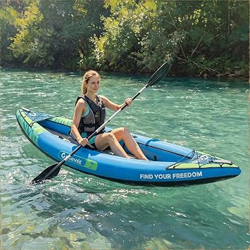 Single Person Drop Stitch Inflatable Kayak, 450 LBS Capacity Portable Blow Up Solo Kayak for Adult Fishing & Touring, Complete Set with Adjustable Paddle, Detachable Seat, Dual-Action Pump