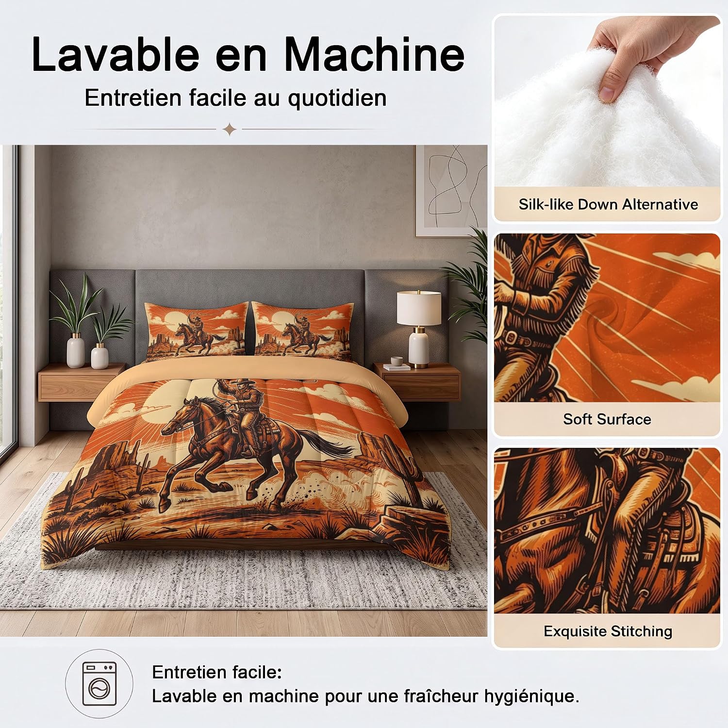 American Western Prints Quilt King Size Warm Orange Brown Quilt Bedding Set | 3 Pieces Soft Lightweight Microfiber Cowboy Rider Bedspread Coverlet Set for All Season, 104"X90"