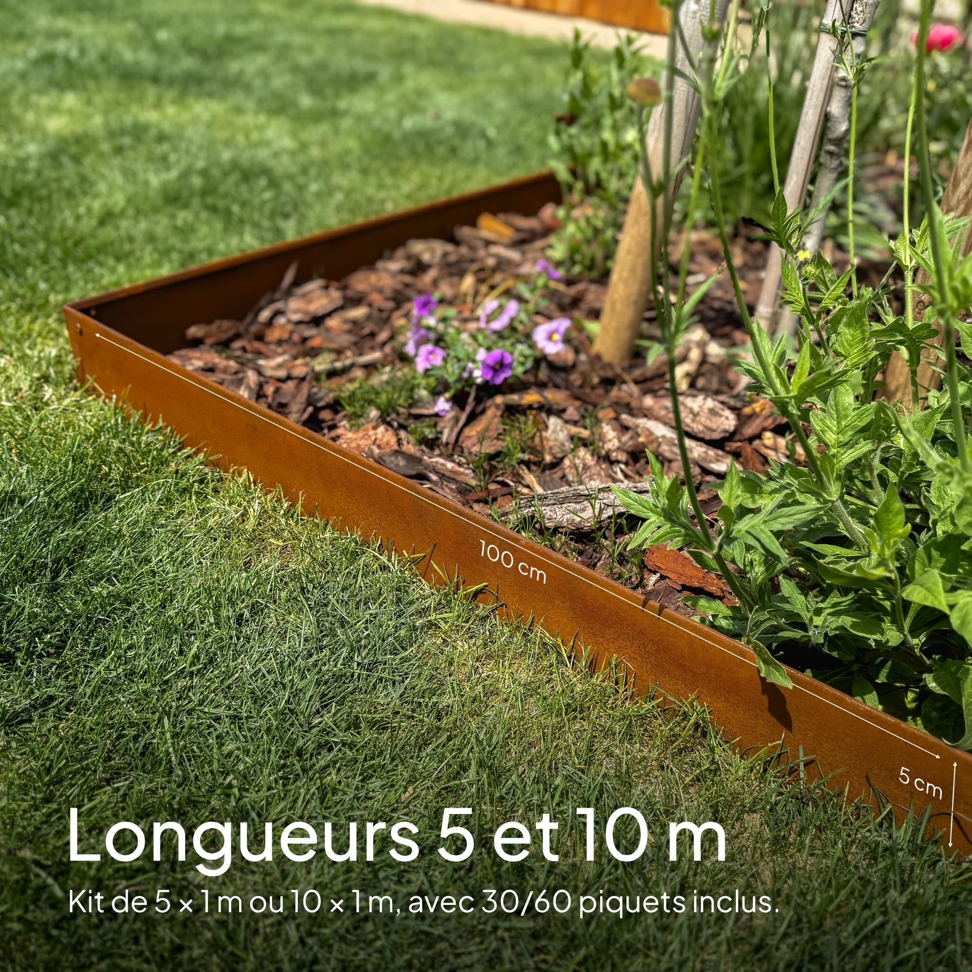 UNIGARDIA Bordure de Jardin en Acier Corten 5 m, Hauteur 5 cm, Rebord 5 mm | Bordure de Pelouse Flexible en Métal, Installation facile, Piquets d’ancrage inclus