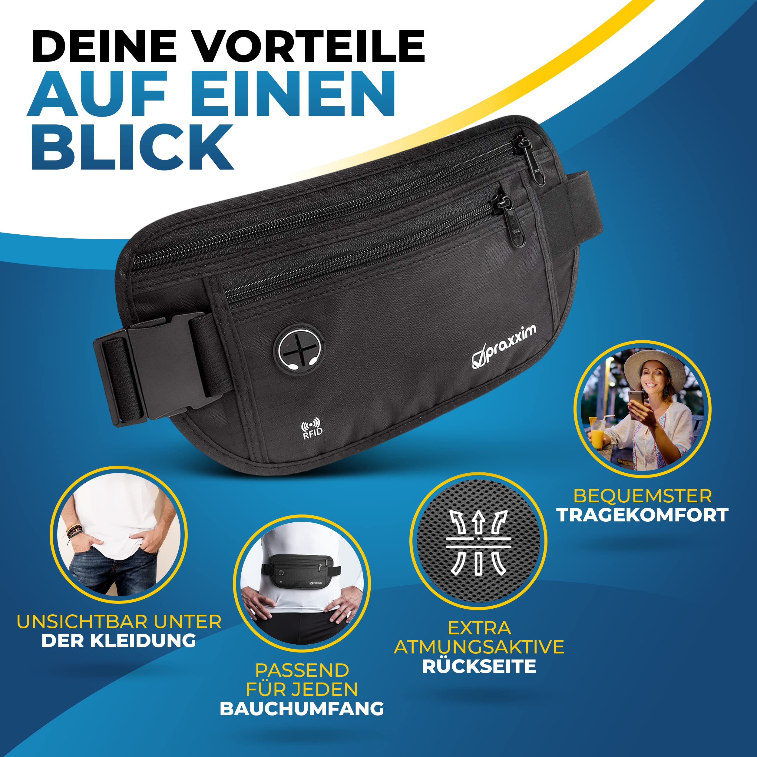 praxxim Die Bauchtasche zum Reisen - DIEBSTAHLSICHER mit RFID Schutz - Extra Flache Bauchtasche unter Kleidung tragbar - Hüfttasche - Reisebauchtasche - Geldgürtel für Damen und Herren