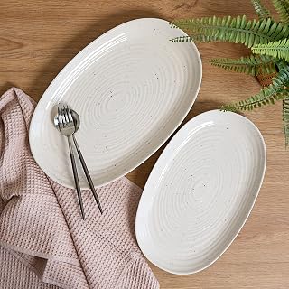 Siterra Juego de platos para servir de gres moteado de 2 piezas, platos de cerámica grandes y medianos con esmalte rústico brillante para cocina, platos blancos para servir para entretenimiento, aptos para microondas y lavavajillas
