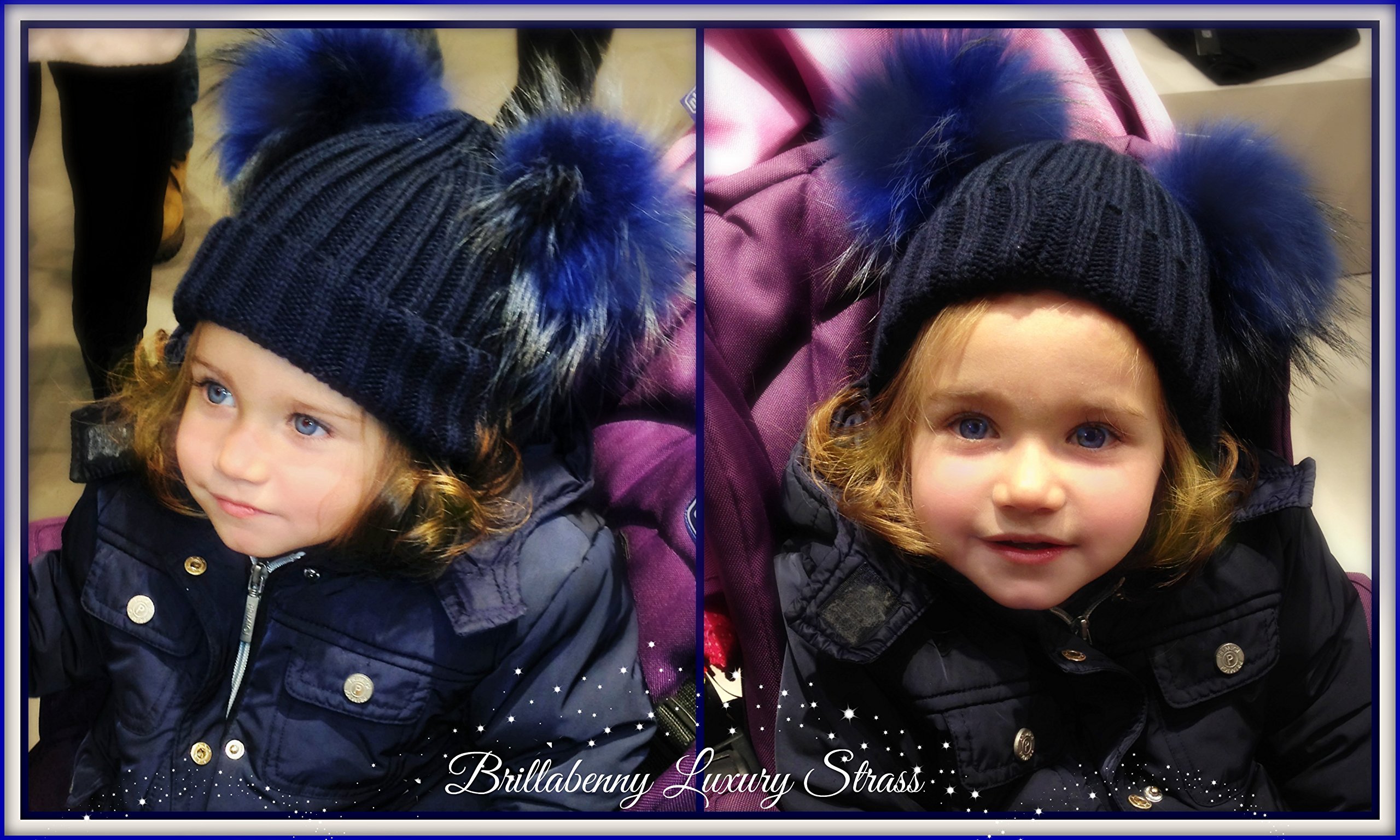 Cappello Cuffia Bambino Blu Navy 2 PON PON Vera Pelliccia 1-3/4 Anni Berretto Misto Lana Luxury Blue