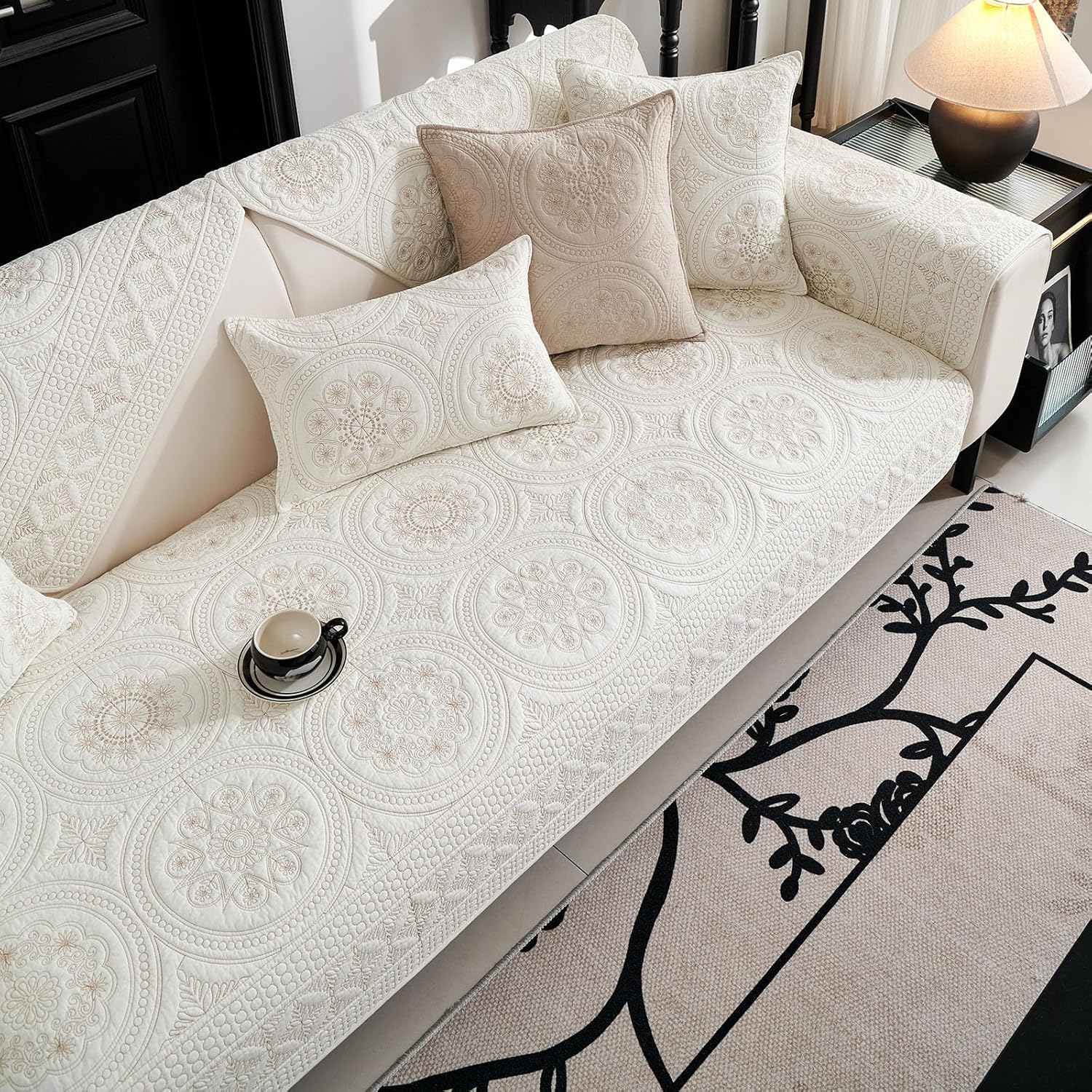 vctops Boho Geometric Embroidery Couch Cover Soft Cotton Quilted Anti Slip Sectional Couch Covers Washable Sofa Slipcover for Dogs, Children, Pets Furniture Protector (Cream,36"x36")