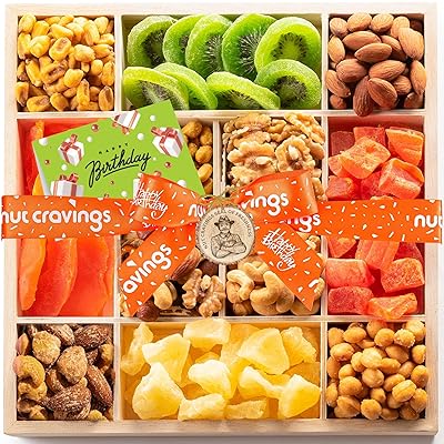NUT CRAVINGS Gourmet Collection - Happy Birthday Treats, Dried Fruit & Mixed Nuts Gift Basket with Bday Ribbon in Reusable Wooden Tray (12 Assortments) Food Arrangement, Healthy Snack Food Assortments