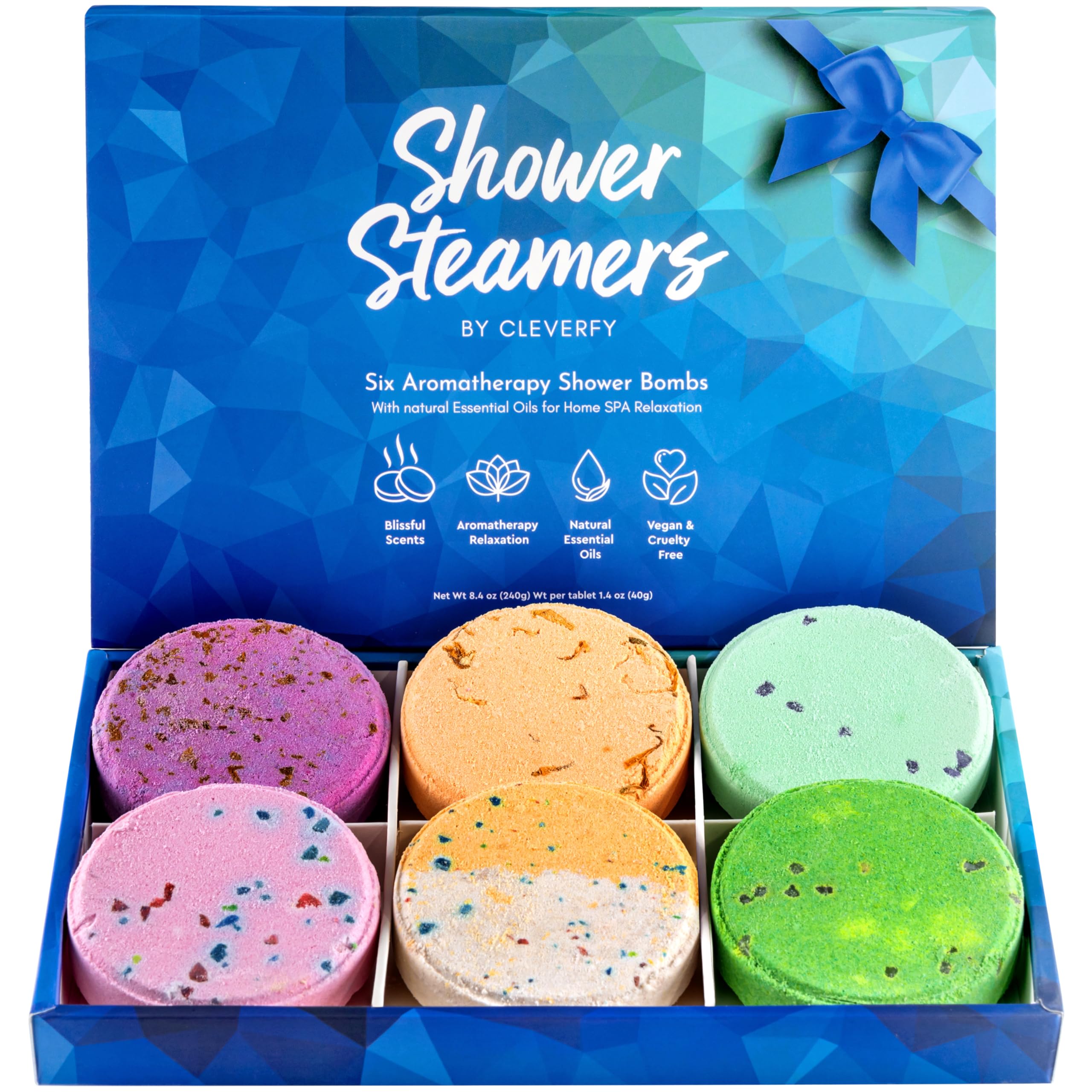 Cleverfy Shower Steamers Aromatherapy - Compact Pack of 6 Variety Shower Bombs with Essential Oils. Self Care Birthday Gifts for Women and Valentines Day Gifts for Her and Him. Blue Set