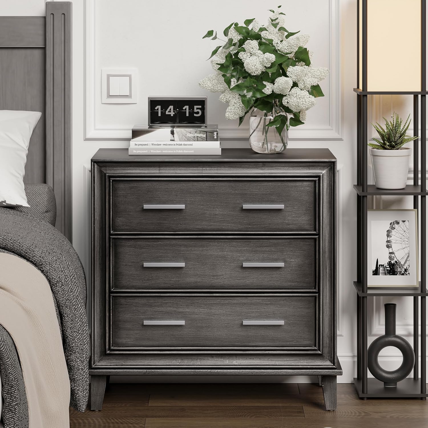 COZAYH Modern 3 Drawer Nightstand, Wood Dresser with Metal Handles, Vintage Accent Bedside Table Storage Chest, Mid-Century Cabinet, Sturdy Bedroom Organizer, Dark Finish, Fully Assembled, Black