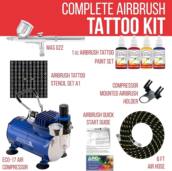 Master Airbrush Tattoo System. Master G22 Airbrush, Air Compressor, 100 Tattoo Stencils, 6' Air Hose, 4 Color Temporary Tattoo Ink in 1-oz Bottles Includes a How to Airbrush Training Book