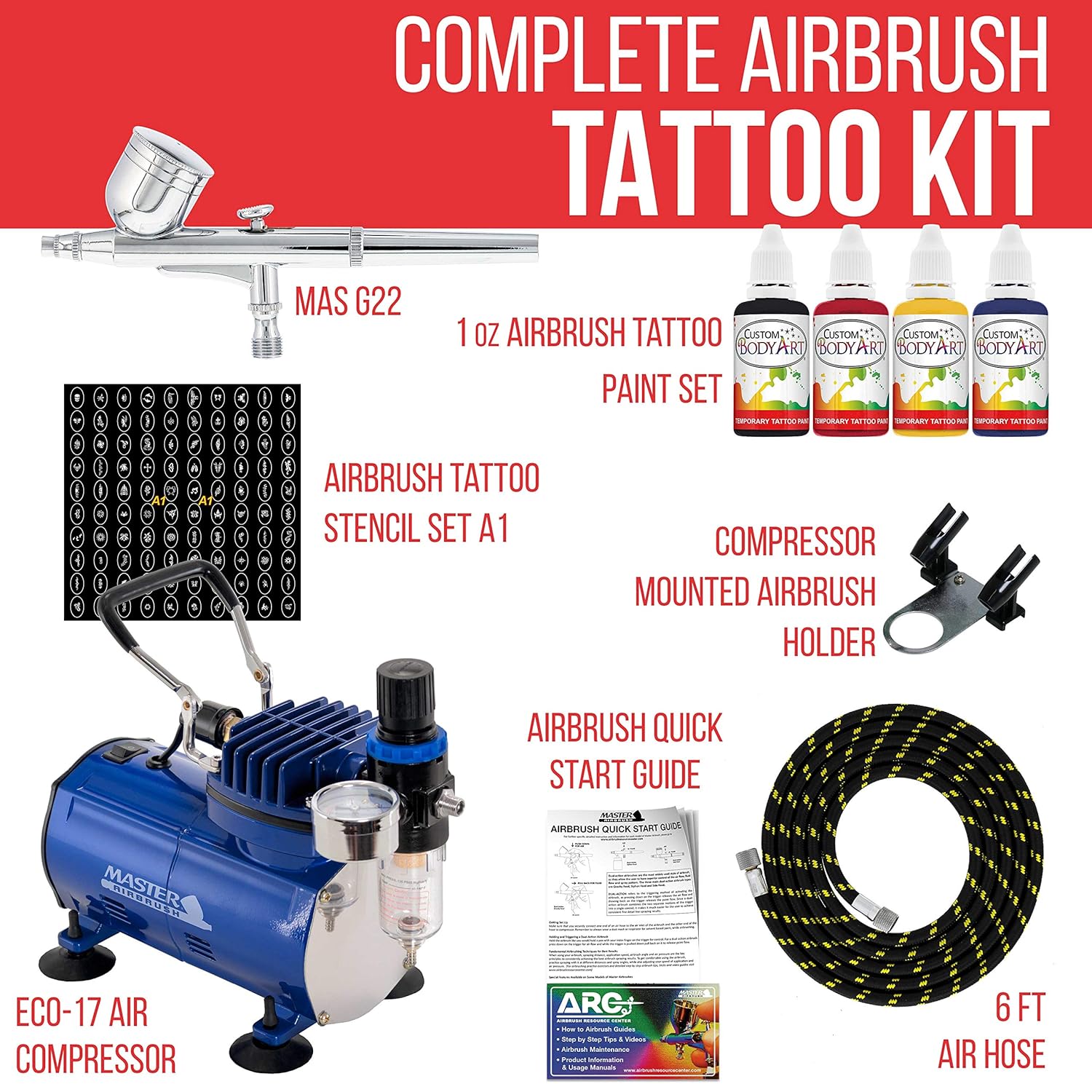 Master Airbrush Tattoo System. Master G22 Airbrush, Air Compressor, 100 Tattoo Stencils, 6' Air Hose, 4 Color Temporary Tattoo Ink in 1-oz Bottles Includes a How to Airbrush Training Book