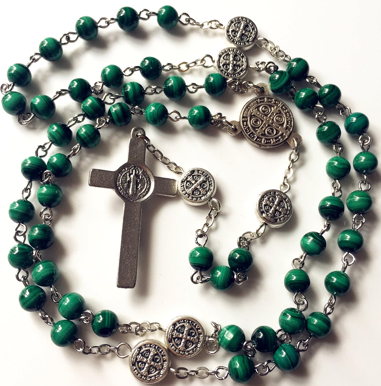 elegantmedical HANDMADE UNDOUBTED 6MM Green Malachite Jade Beads St. Benedict Rosary cross/crucifix Necklace Box Catholic Gift - Image 4