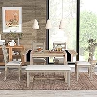 Vista 1 de Juego de mesa de comedor de madera de goma de 6 piezas con patrón de grano de madera y cojín suave, mesa de comedor rectangular con 4 sillas
