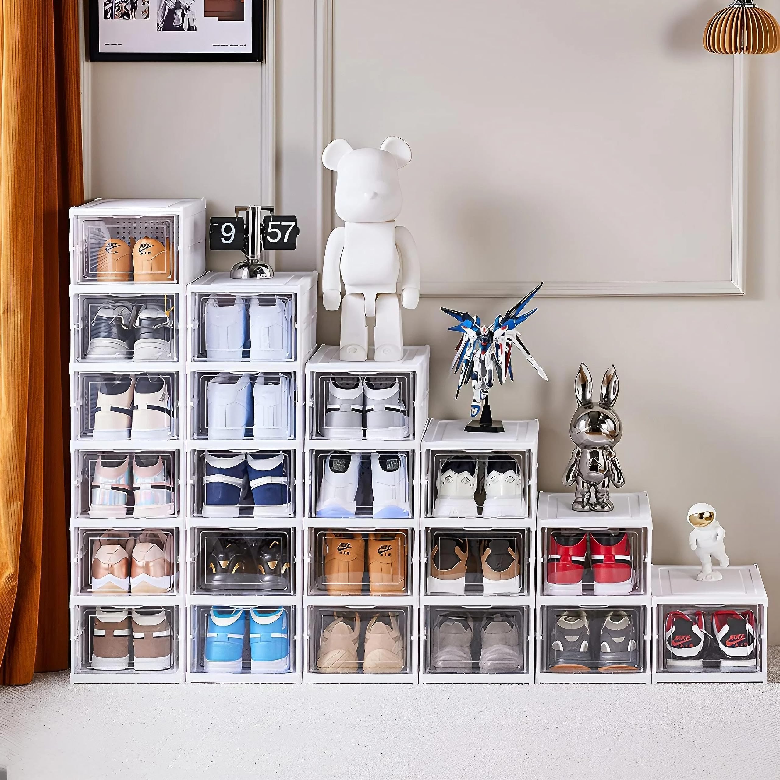 GUDEMAY Boîte à Chaussures Transparente avec Couvercle | Lot de 6 | Boîtes de Rangement pour Chaussures Empilable | Étagère à Chaussures Pliable | Ranger et Protéger Vos Chaussures | Blanc
