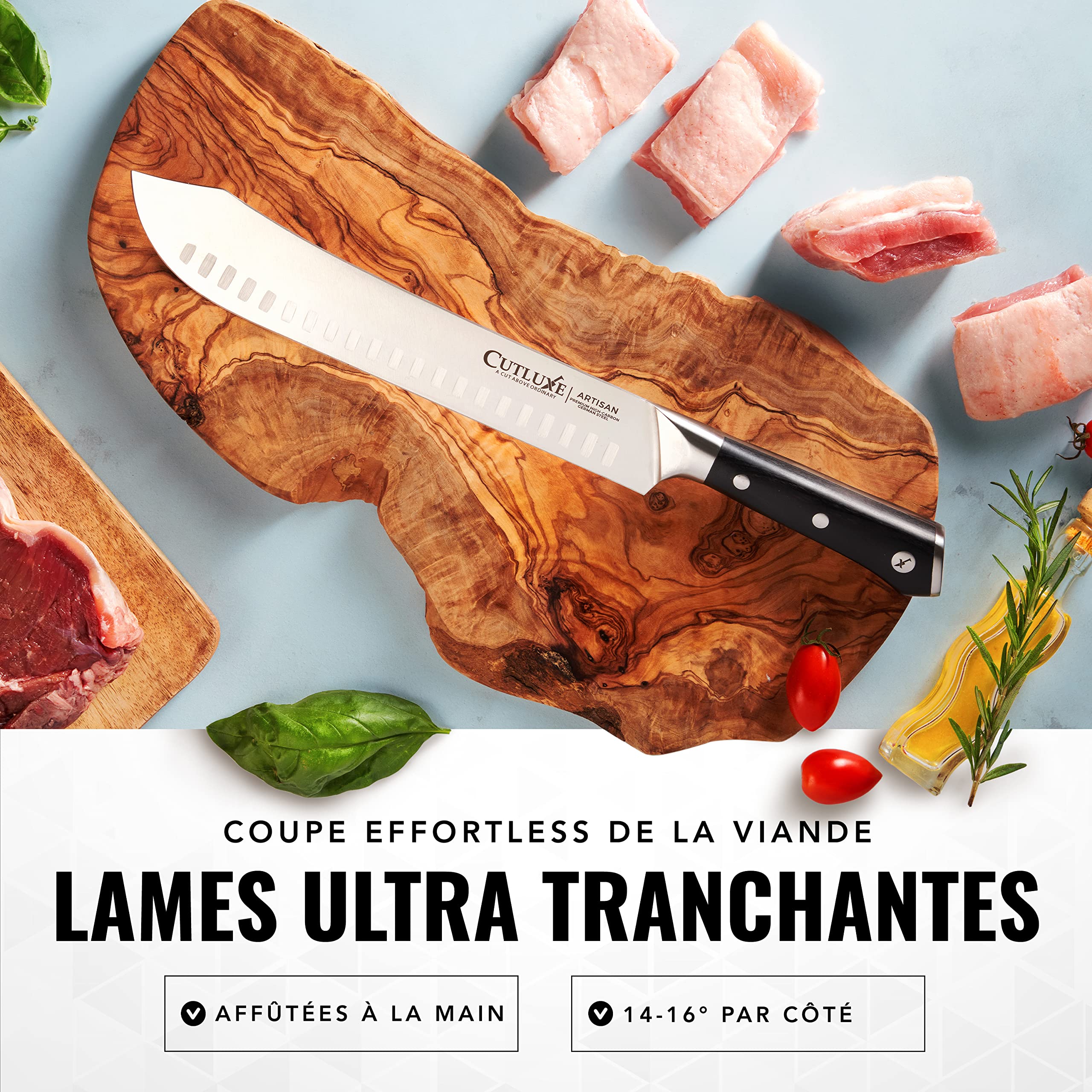 Cutluxe Couteau de Boucher Bullnose - Couteau a Viande 25cm - Acier Allemand à Forte Teneur en Carbone - Couteaux de Chef Professionnel Tang Complet - Série Artisan
