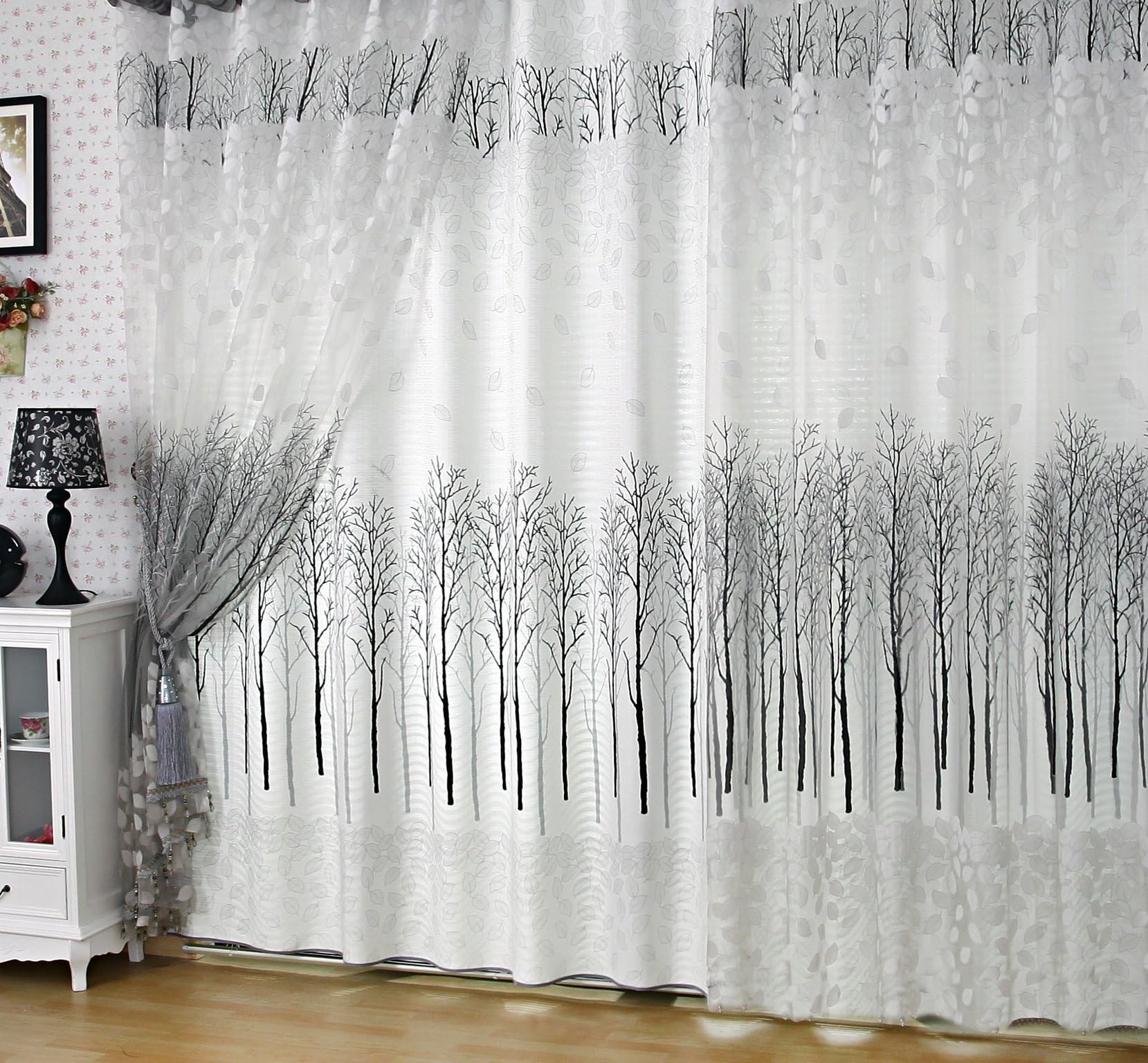 Elleweideco Modern Tree Branch White Grey Window Sheerl (White Grey, 52Wx84L)