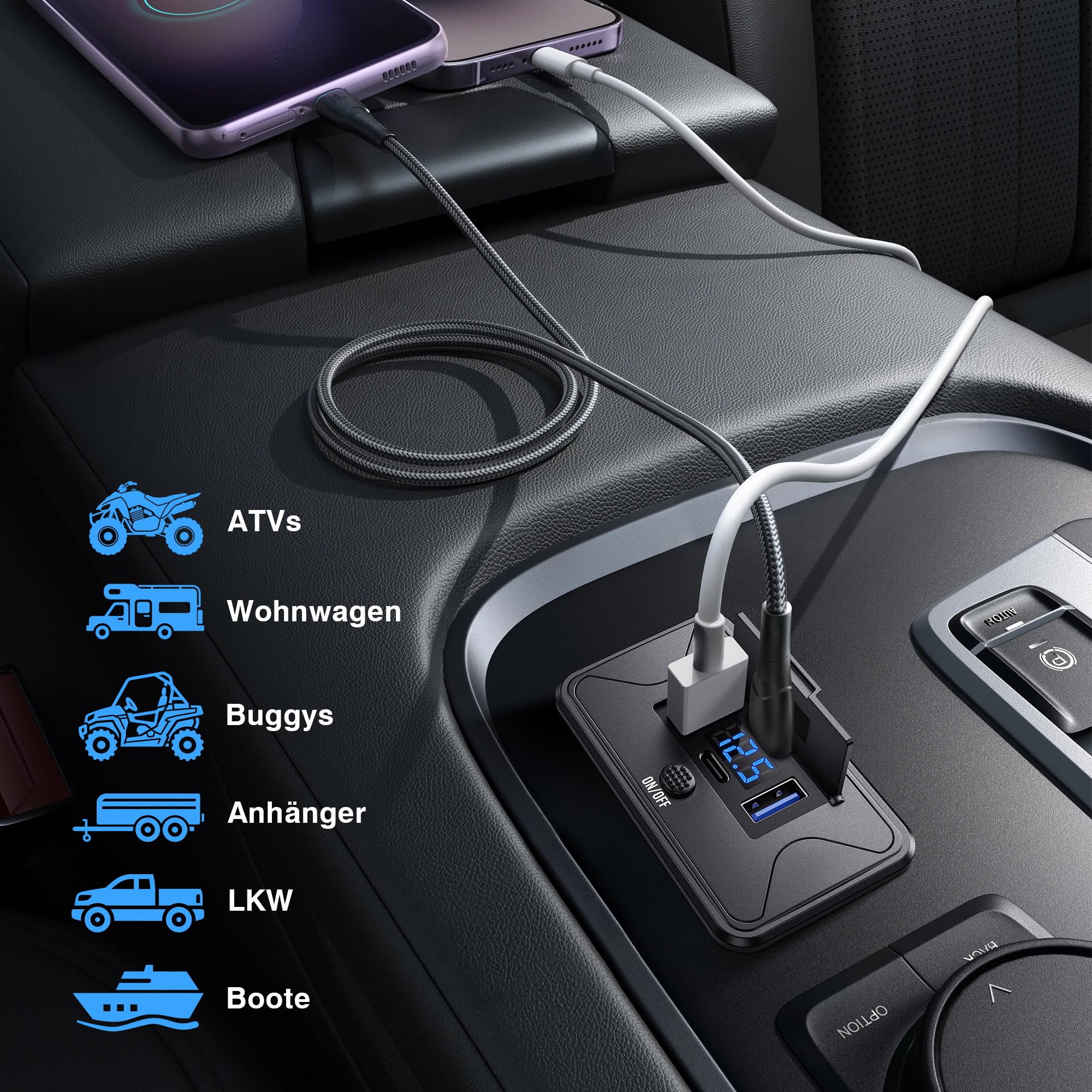 MICTUNING 2 unidades de enchufe USB de carga para coche, 12 V/24 V, Dual PD y Dual QC, cargador rápido USB para teléfono móvil, 78 W, resistente al agua, con interruptor de voltímetro LED, para coche