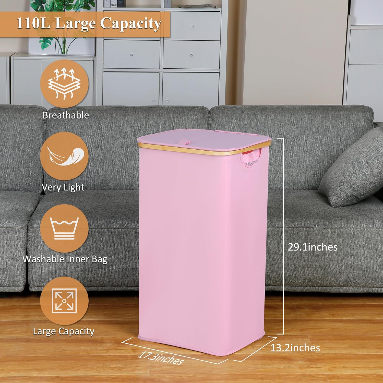 Laundry Hamper with Lid, 110L Large Laundry Basket with Handle and Lid, Collapsible Clothes Basket Organizer with Removable Inner Bag for Clothes Toys Towels,Pink - Image 3