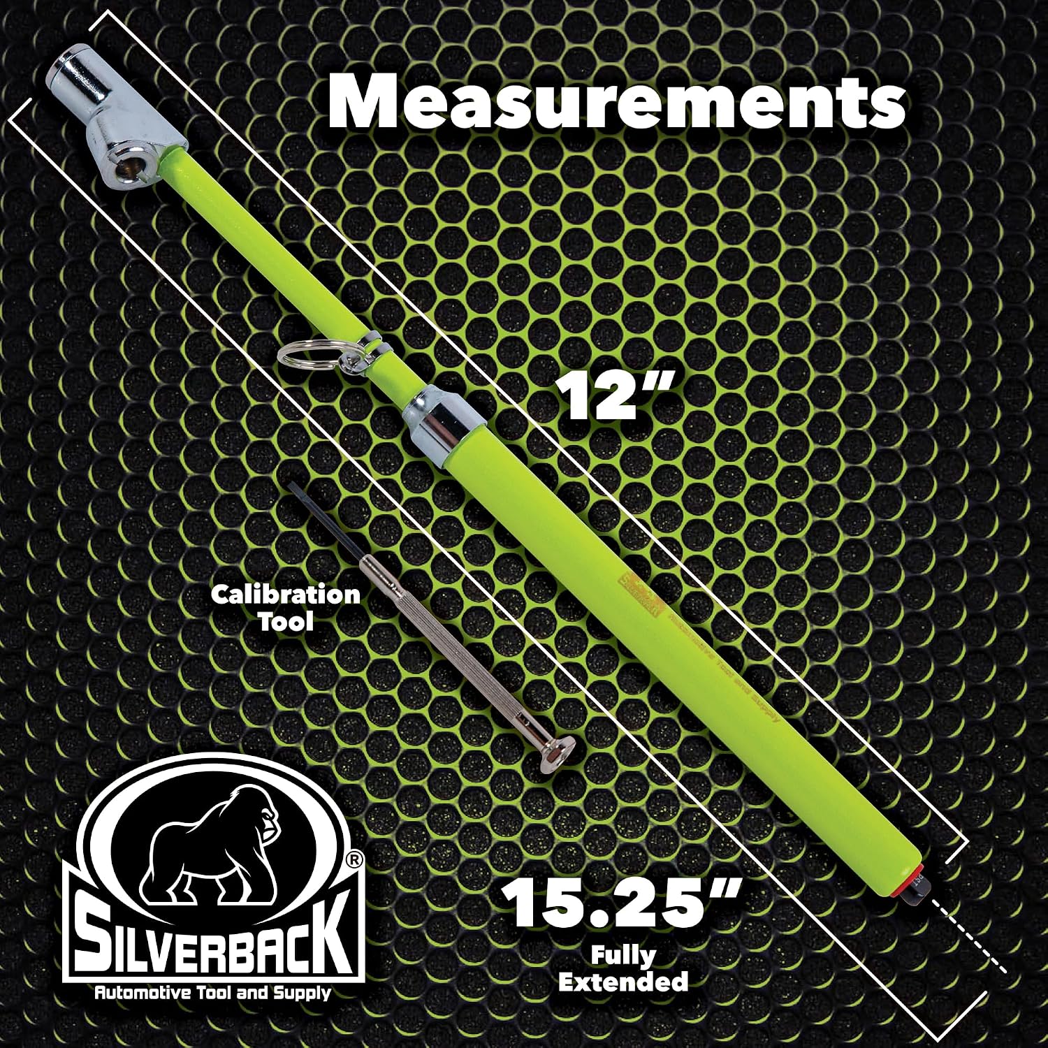 Silverback Hi-Visibility Green Dual Foot Commercial Truck Tire Pressure Gauge, Recalibratable. Heavy Duty Stick Gauge with Black Metal Bar, Range 10-150 PSI in 2 PSI Increments.