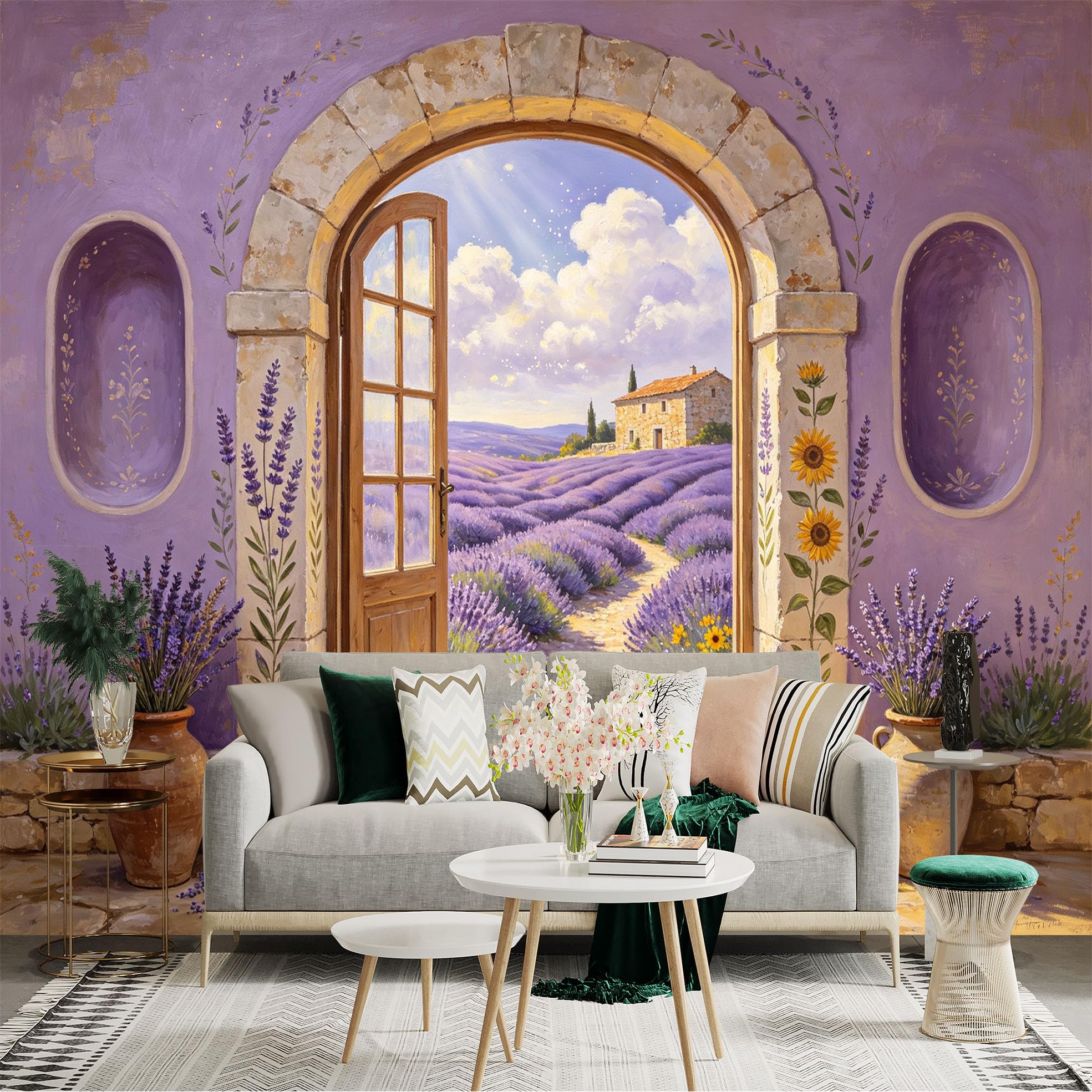 Custom Size Wall Sticker Mural， Lavender Field Cottage View， Rustic Arch Doorway， Purple Floral Landscape， for wall Decoration， peelandstick wall Decals.