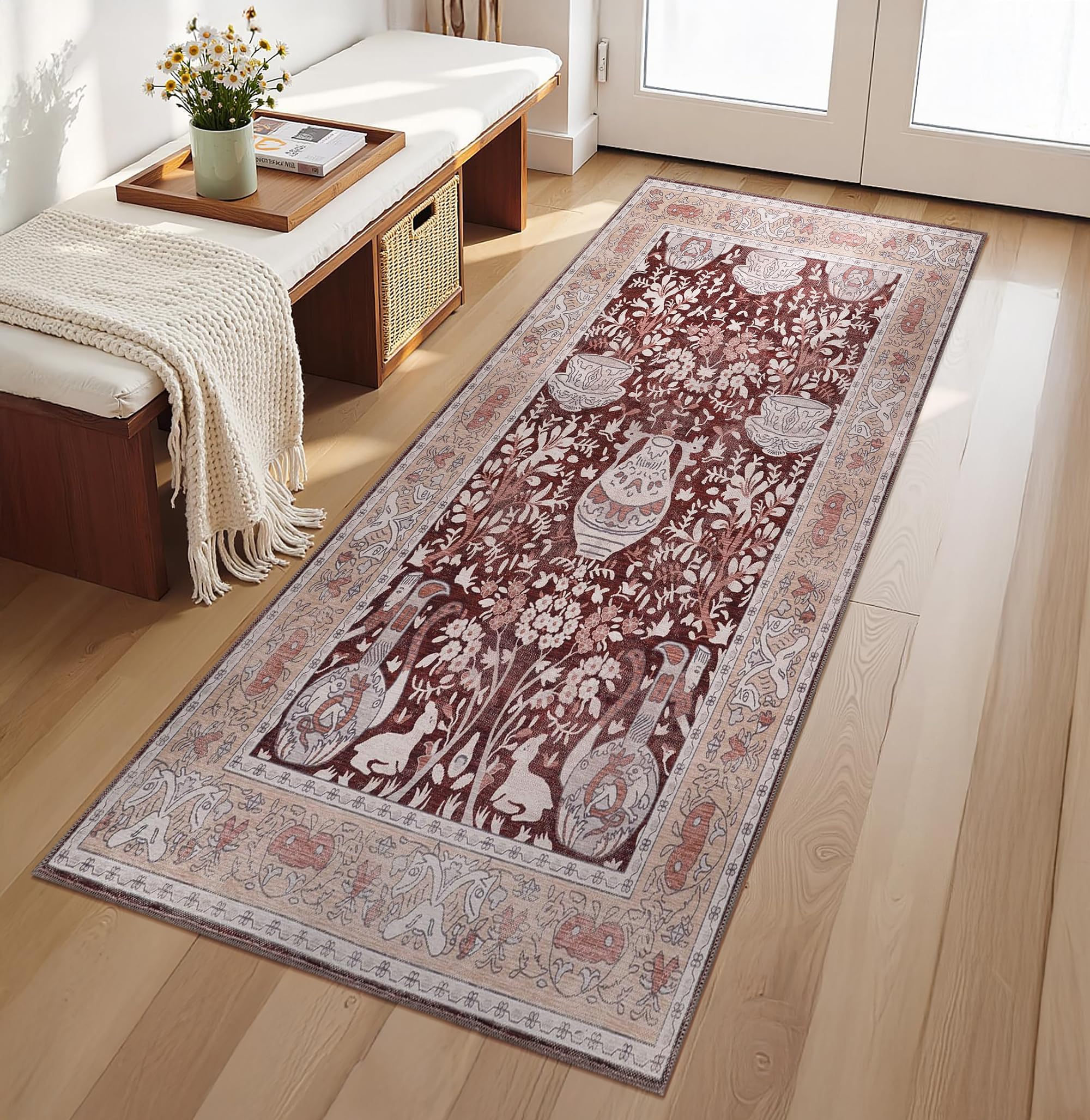 RUGS DEPOT Machine Washable Area Rug for Living Room 80x150 cm – 4 mm Thin Vintage Chenille Carpet with Non-Slip Cotton Backing | Soft Low-Pile Washable Rug for Bedroom & Hallway