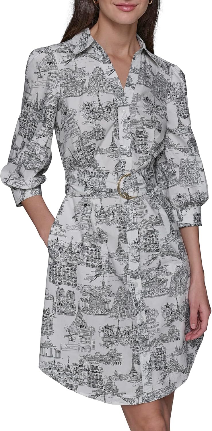 Karl Lagerfeld Womens Button Up Collared Belted Shirt Dress