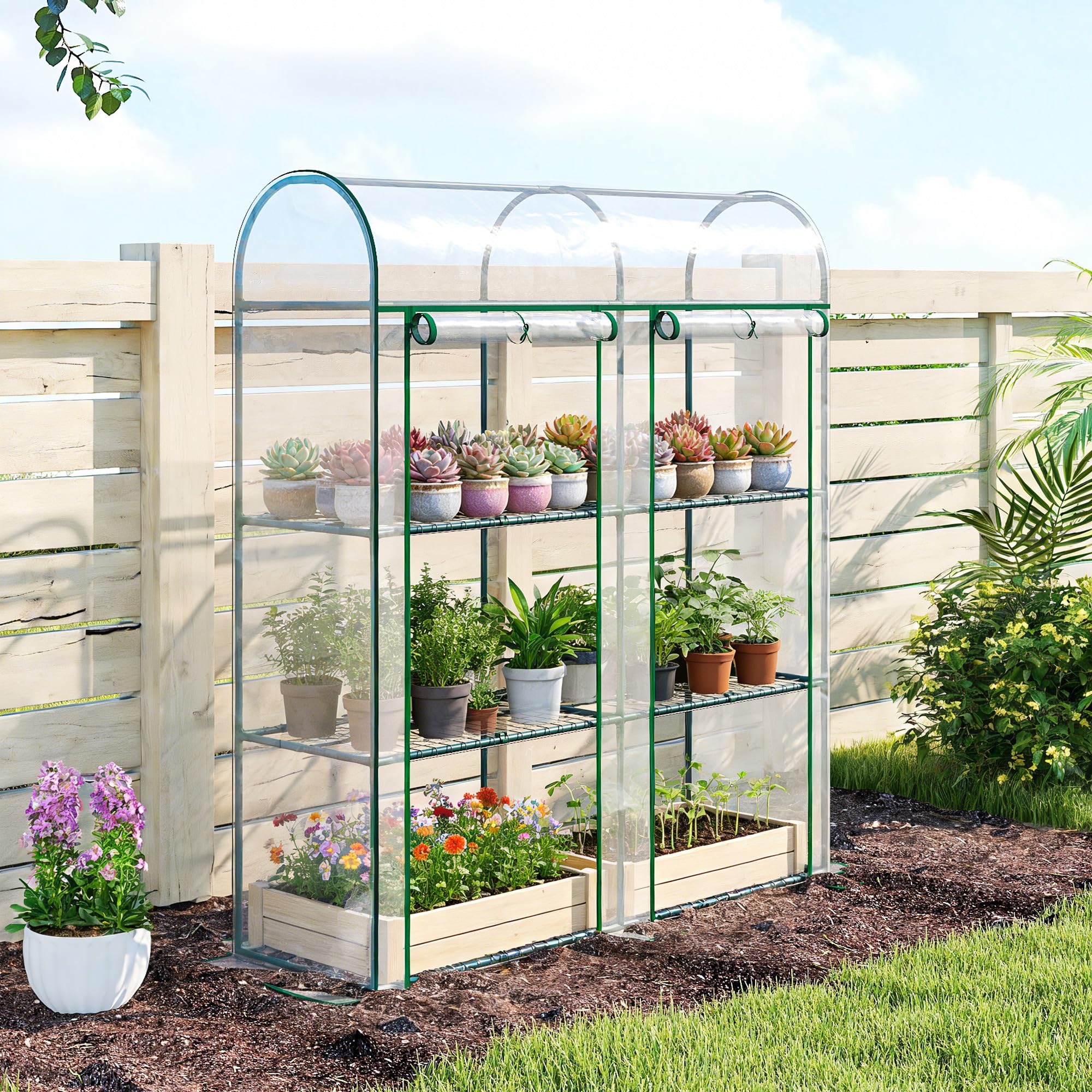 Outsunny Invernadero Pequeño de 3 Niveles, Invernadero de Exterior con 2 Puertas Enrollables, Marco de Acero y Cubierta de Plástico Anti-UV para Cultivar Plantas, Flores, 143x46x164 cm, Transparente