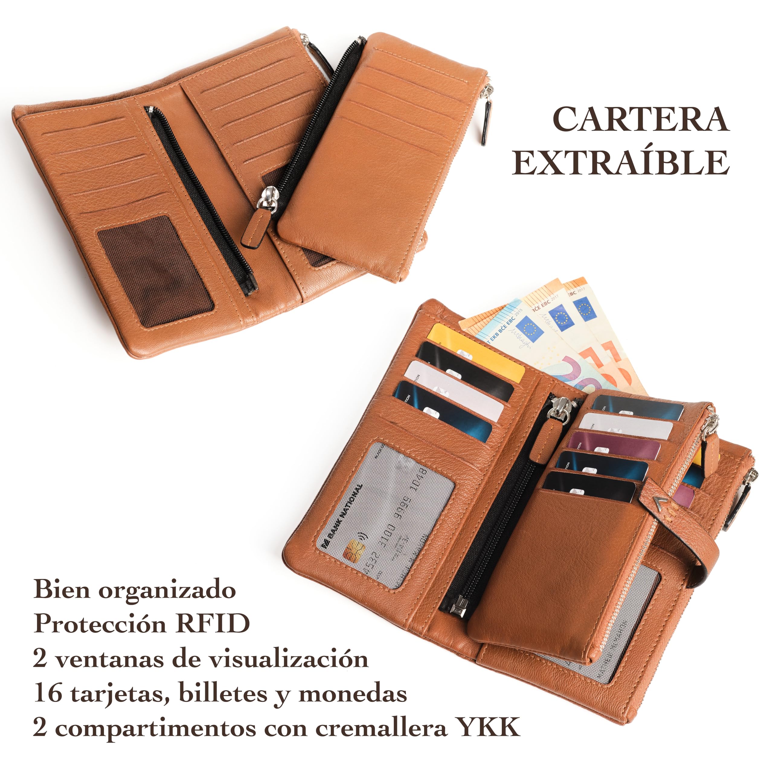 Carteras de Mujer Piel - Monedero Mujer Grande con RFID - Tarjetero de Cuero Auténtico - Monedero Rojo Extraíble - Billetera Hecha a Mano - Regalo Moderno.