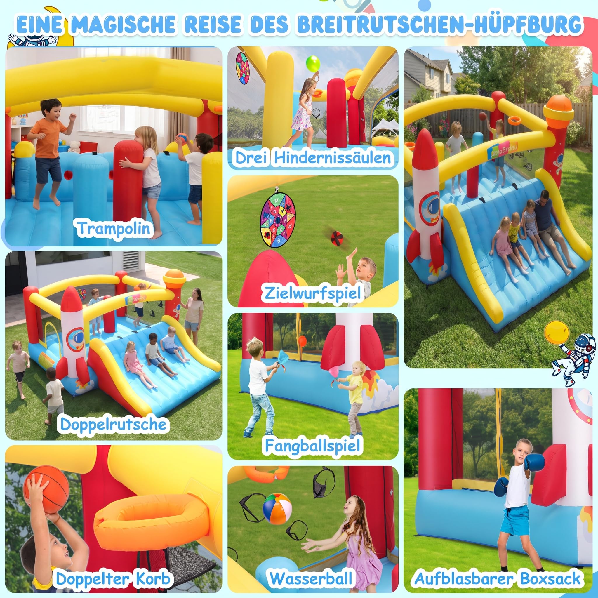 Castello gonfiabile per bambini di età 8-12 anni, 4,1 x 4,1 m, per interni ed esterni, con ventilatore, castello gonfiabile spaziale per feste e giardino