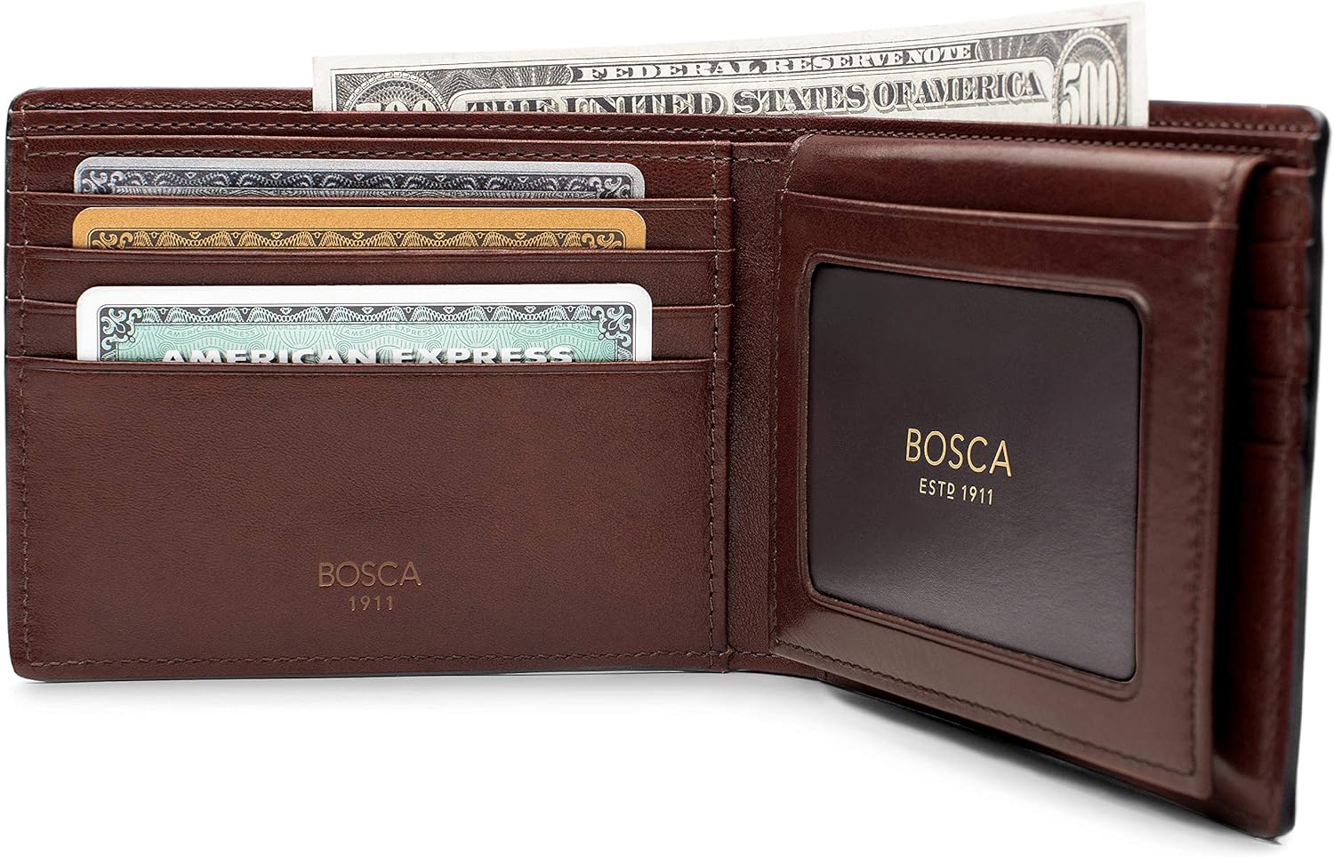 Bosca Men's Leather Wallet with Removable ID Passcase - Dolce Italian leather Wallet for Men 8 Card Slots, Bifold Design, Hand-Stitched Detailing, Polished Finish, Dark Brown