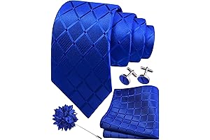 3.15''(8CM) Royal Blue Plaid Checkered Tie Hankerchief and Cufflinks Set for Men