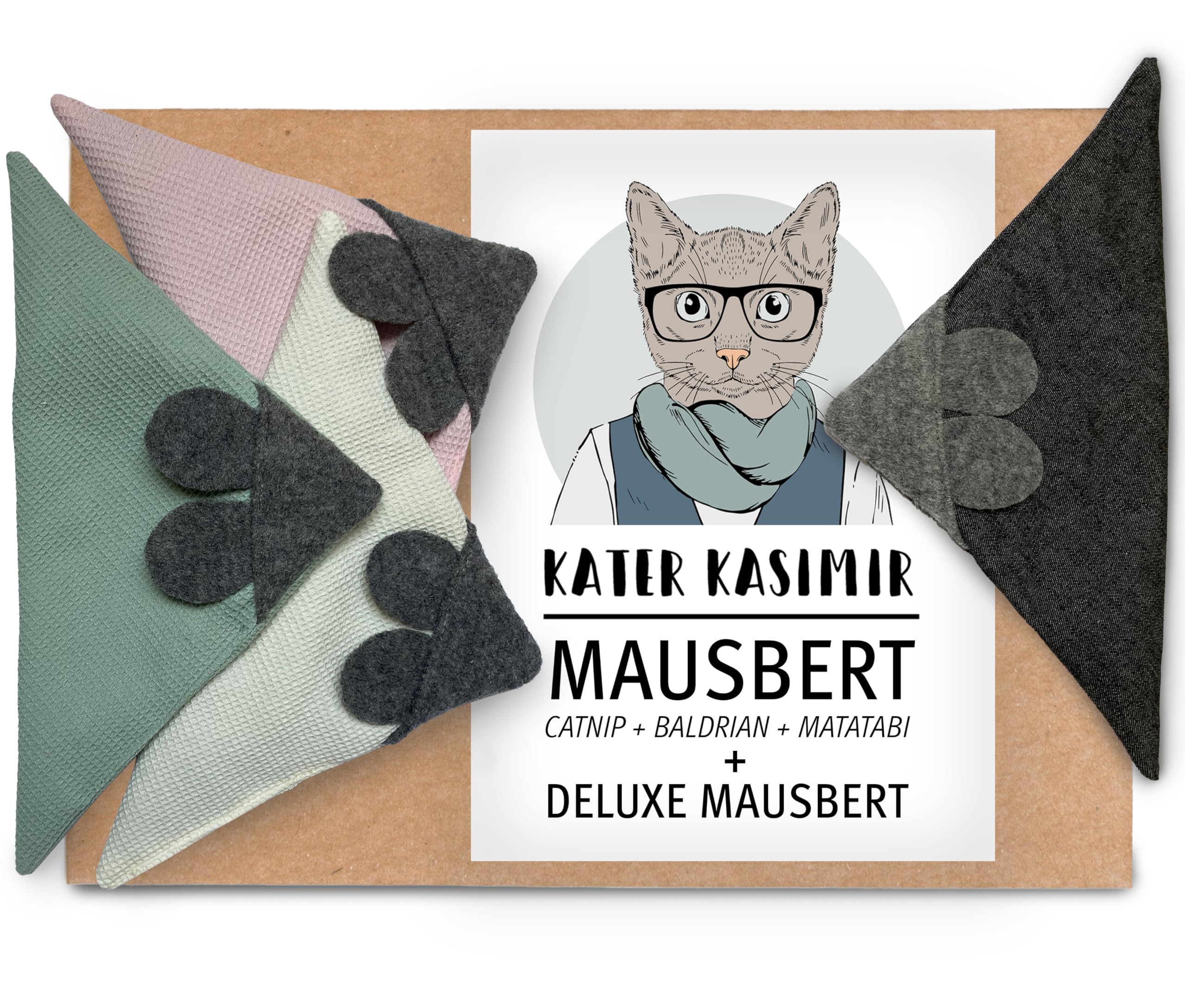 Kater Kasimir MAUSBERT Lot de 4 coussins douillets 2 en 1 avec herbe à chat bio, balériane bio et fruits Matatabi Fabriqué à la main en Allemagne