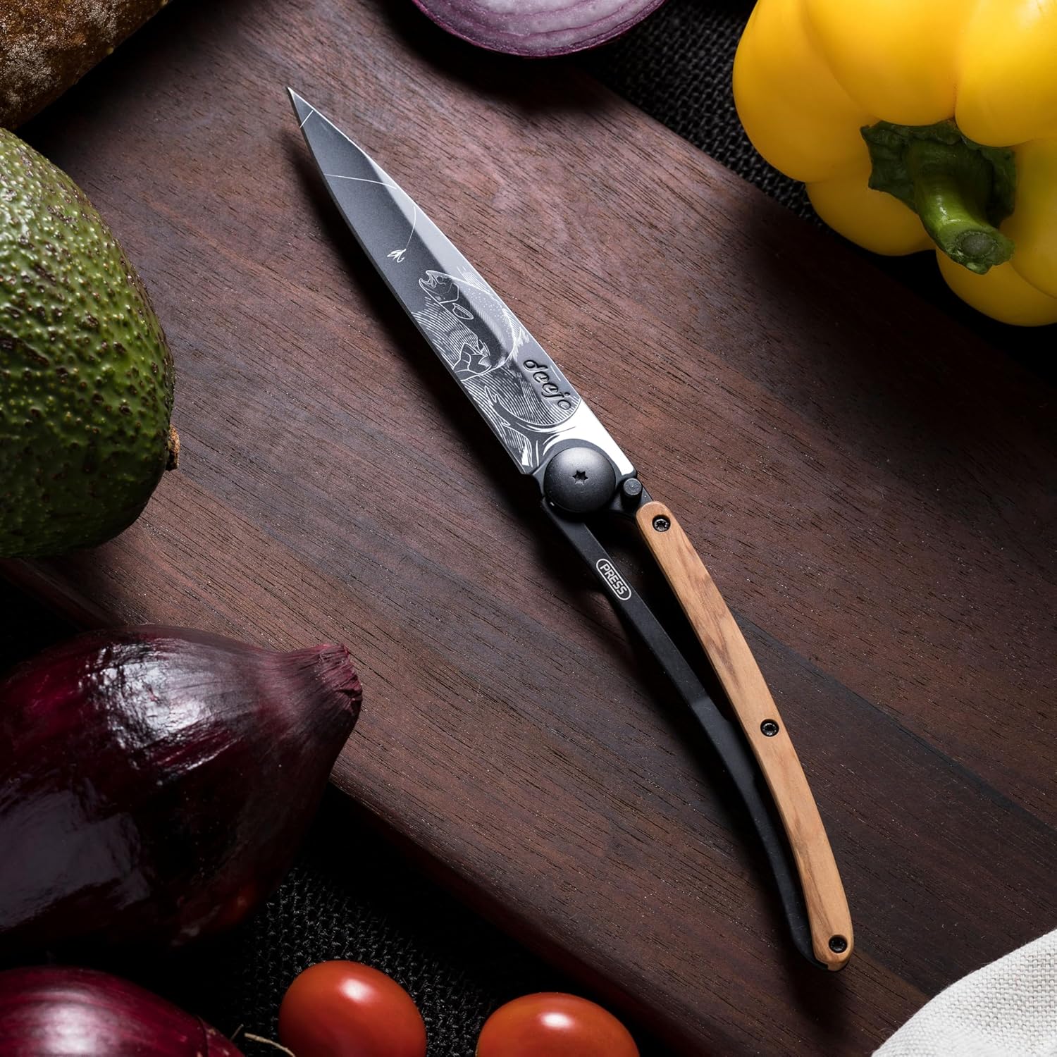 deejo - 37G Folding Pocket Knife with Belt Clip - Trout Design, 3.7-Inch Stainless Steel Blade, Black Titanium Finish, Juniper Wood Handle - Lightweight Everyday Carry for Home, Work, and Outdoor Use