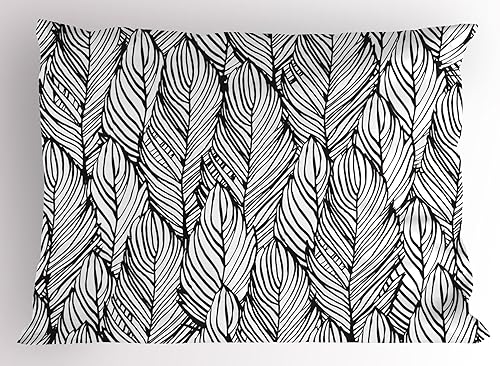 Ambesonne Funda de almohada de plumas, diseño de plumas de pájaro monocromático dibujado a mano, diseño abstracto de plumas de pájaro, funda de