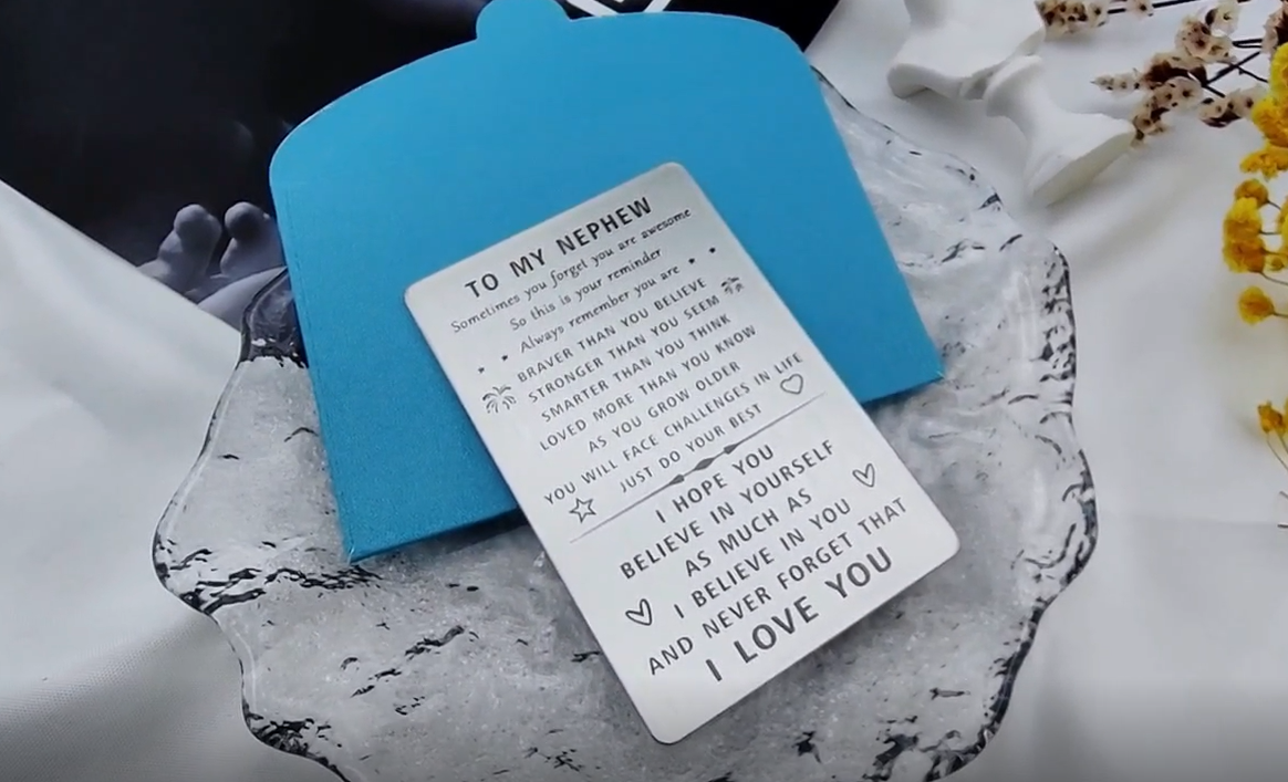 SOUSYOKYO „I Love My Nephew“ Karte – Silberne Metallkarte Mit Umschlag, Als Geschenk Für Neffen