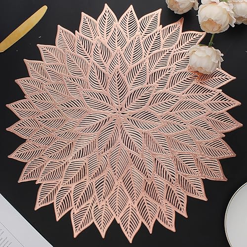 Juego de 8 manteles individuales redondos con diseño de flores huecas para mesa de comedor, vinilo prensado con hojas florecientes para vacaciones,
