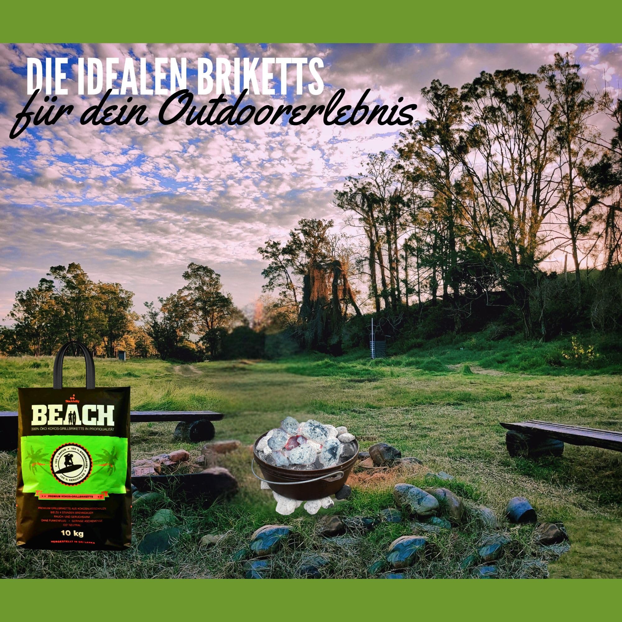 Beach Premium Kokos Grillbriketts – Cocos Holzkohle für Dutch Oven, BBQ & Smoker – Hochwertige Grillkohle & Holzkohlebriketts – Lange Brenndauer & Hohe Hitze (20kg)