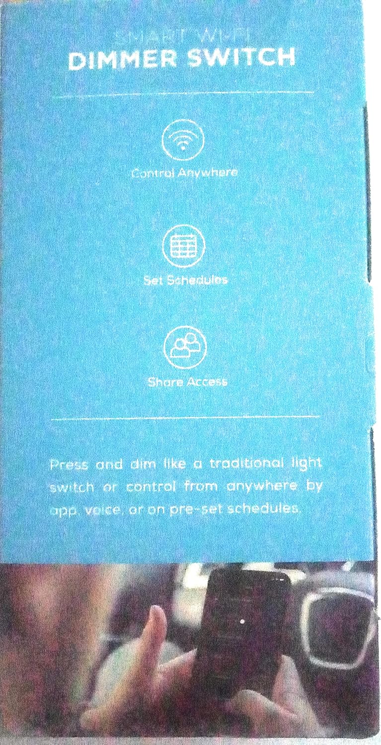 Side of Merkury Innovations Smart Wi-Fi Light Switch packaging showing features: Control Anywhere, Set Schedules, Share Access.