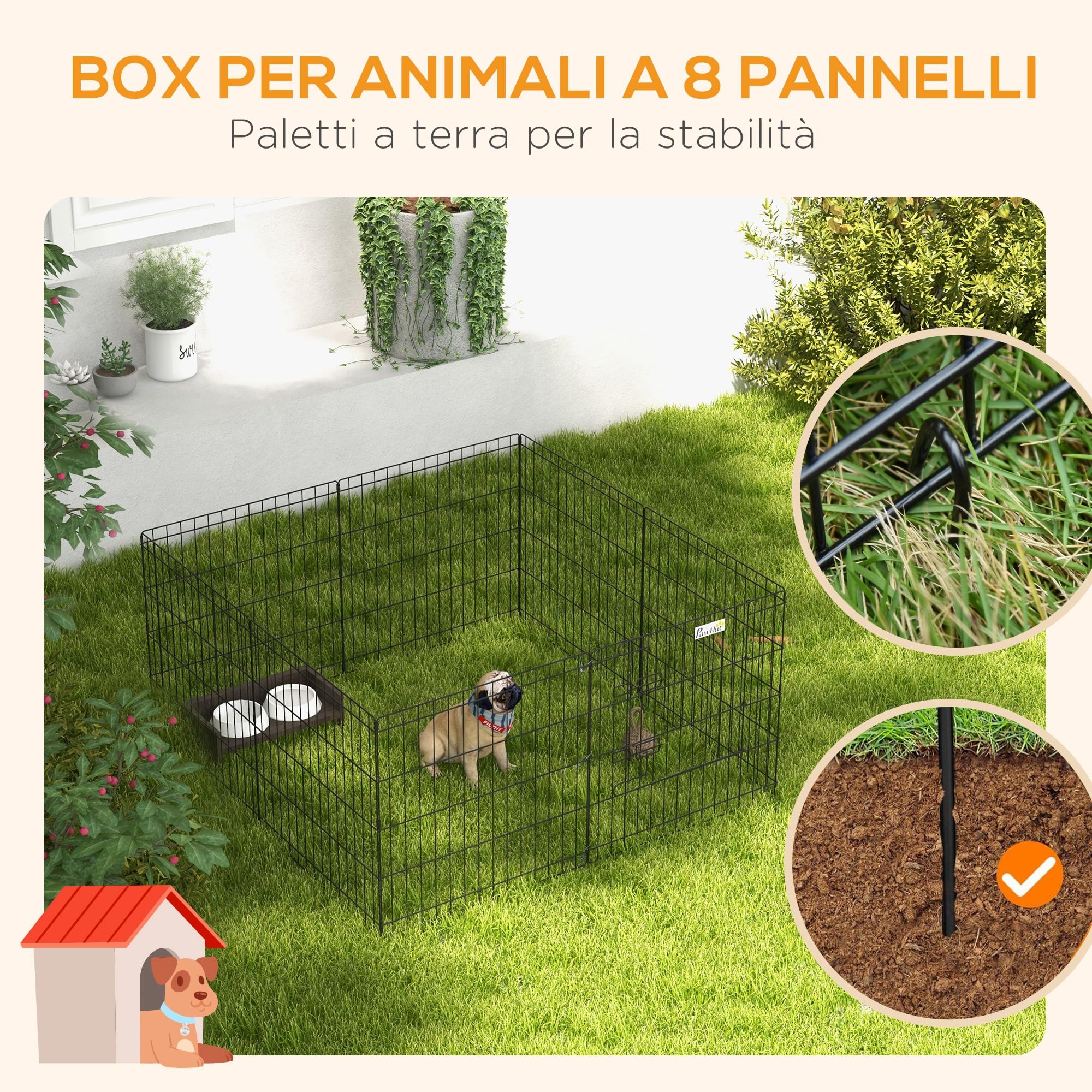 PawHut Recinto per Cani da Esterno e Interno, Recinzione Box per Cani e Cuccioli con 8 Pannelli a Rete e Porta 61 x 61cm, Nero